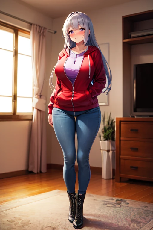 5 foot 5 inch Anime girl wearing a purple shirt under a red zip up hoodie, blue jeans, and black knee high lace up converse boots with round toes, Large breasts, thick thighs, cute, full body image, silver long hair, purple eyes, quality images, (high quality faces), bedroom, standing, blushing and embarrassed