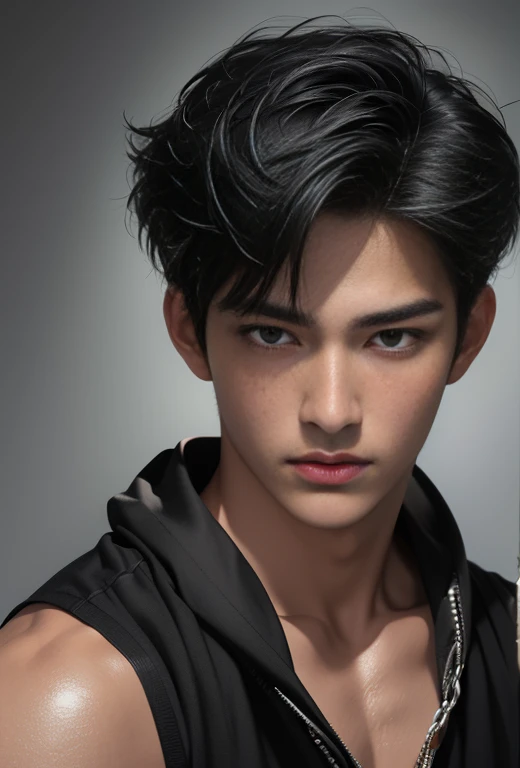 ((High quality)), ((masterpiece)), ((highly detailed)), perfect face, realistic, ((man)), ((Asian)), black hair, comma hair cut style, ((handsome)), detailed eyes, beautiful detailed nose, realistic body, realistic light, comfortable expressions, cute guy, sweat guy, cool guy, ((athletic body)), hands bound by chains, body covered in wounds, bondage