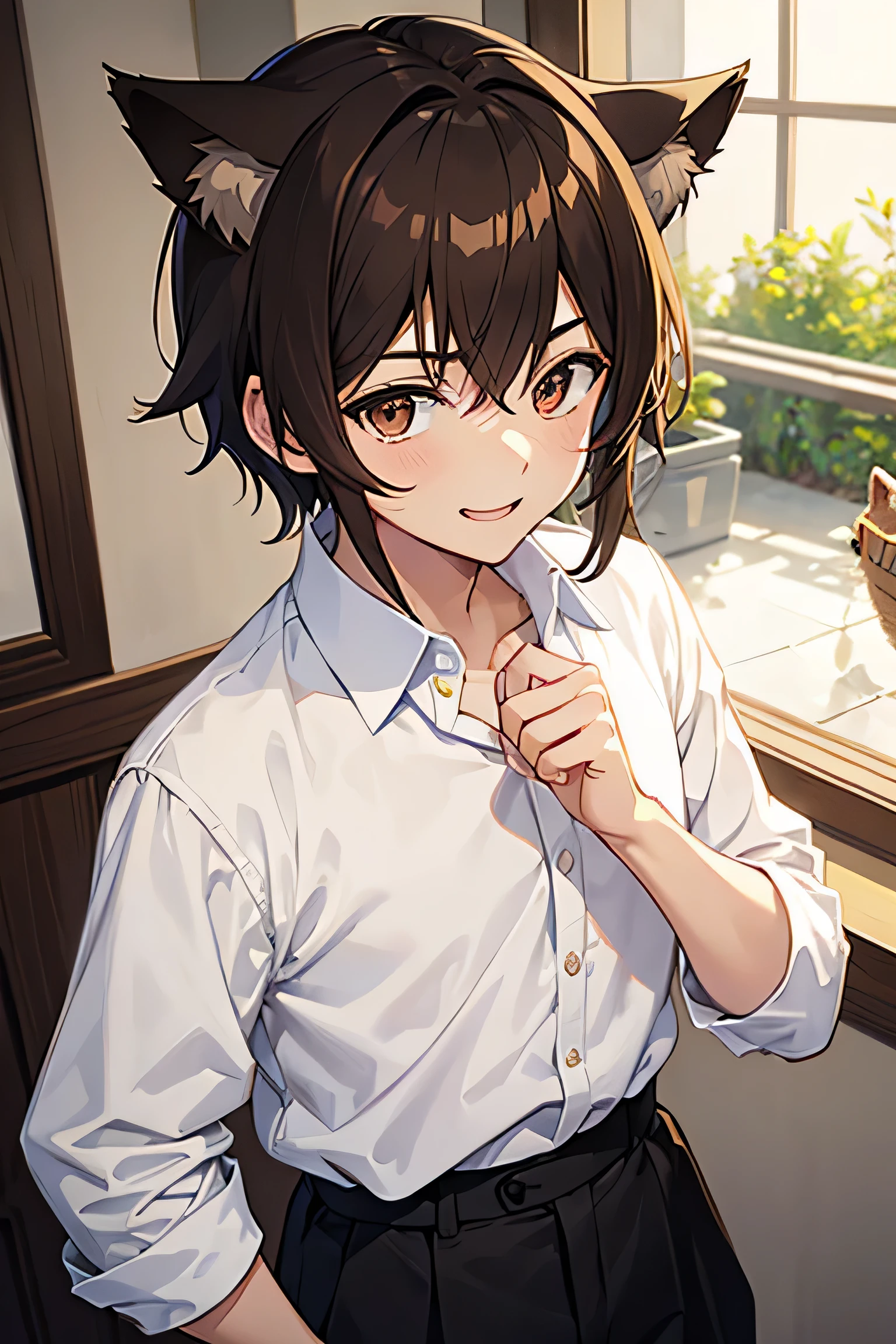 anime,(boy),Brown hair and eyes,cat's ears,smiles embarrassedly,White shirt,Best quality