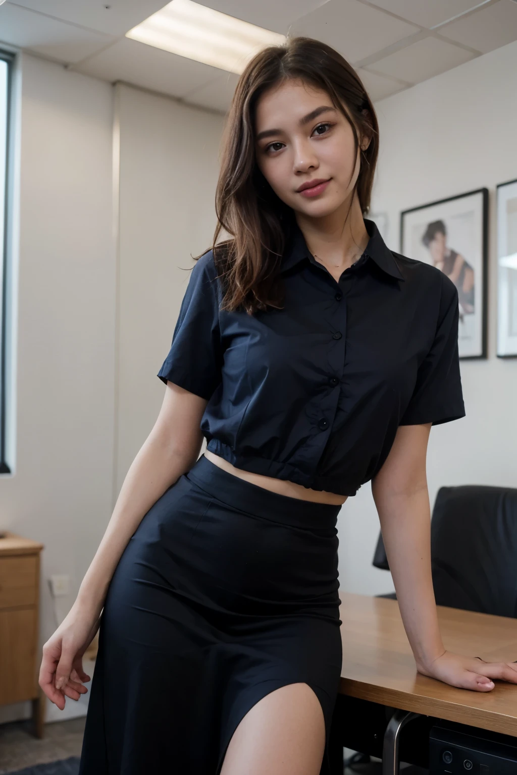 top-quality、masterpiece、超A high resolution、(realisitic:1.4)、Beautuful Women1、Beautiful detail eyes and skin、smile、Light brown short-cut hair, She is Wearing a long navy shirt posing for a photo, gorgeous chinese model, photo of slim girl model, IG-Modell, beautiful female model, on the office, long navy shirt, long skirt, black suit