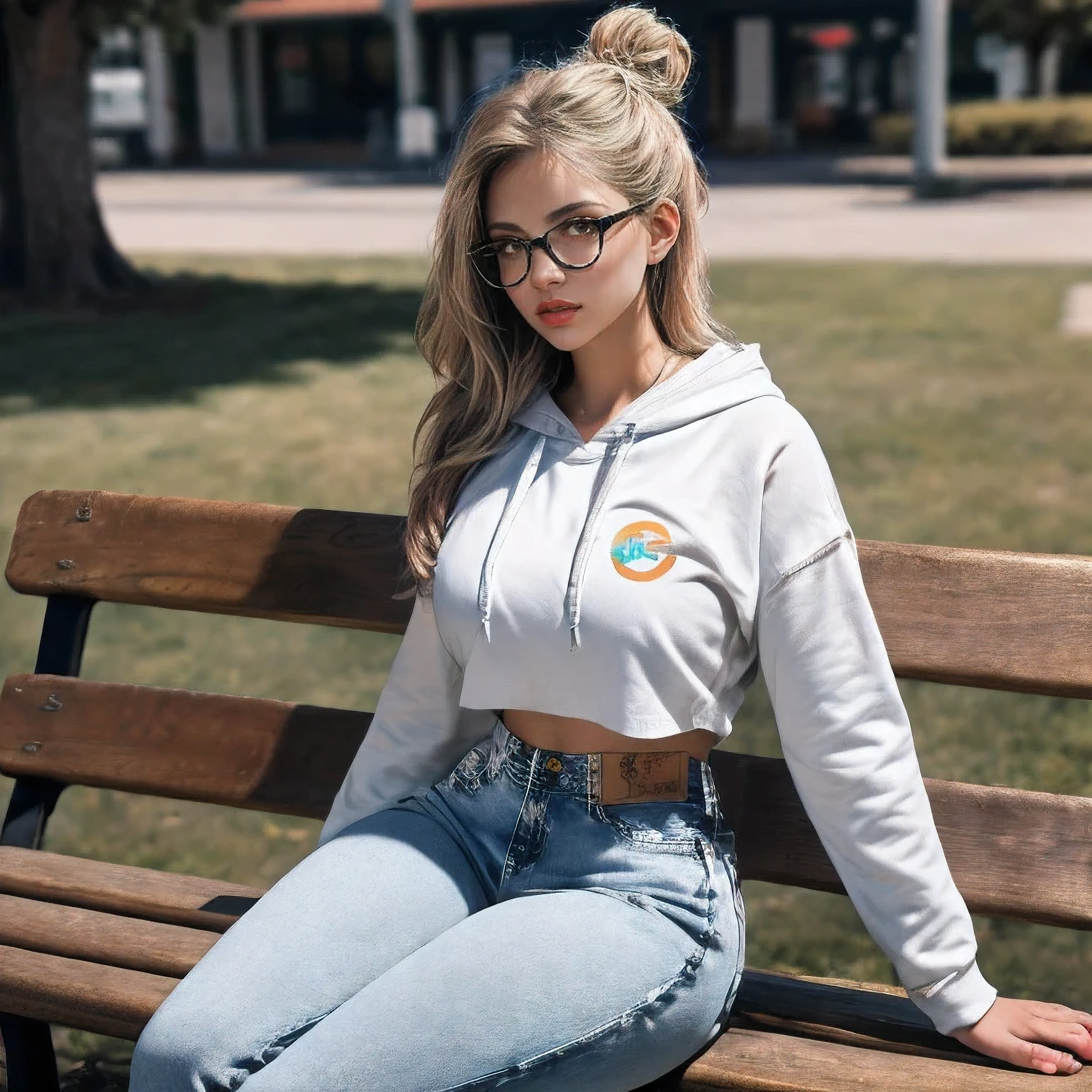 (masterpiece:1.2, best quality), (finely detailed beautiful eyes: 1.2), a girl with a blond bun, in (white hoodie), (blue jeans), (only 1 girl), age 20, white round thick rimmed glasses, sitting on park bench, sitting next from viewer, ((large thighs)), ((Santa Cruz logo on hoodie)), (large breasts), sitting across from viewer, (single bun), ((large waist)), (long hair), ultra realistic, 8k ultra hd, ((big thighs)), (facing viewer)), (large thigh busting through rip in jeans), camera angled up, looking down at subject, (((circle logo on chest))), (lips separated), (looking deeply into viewers eyes),