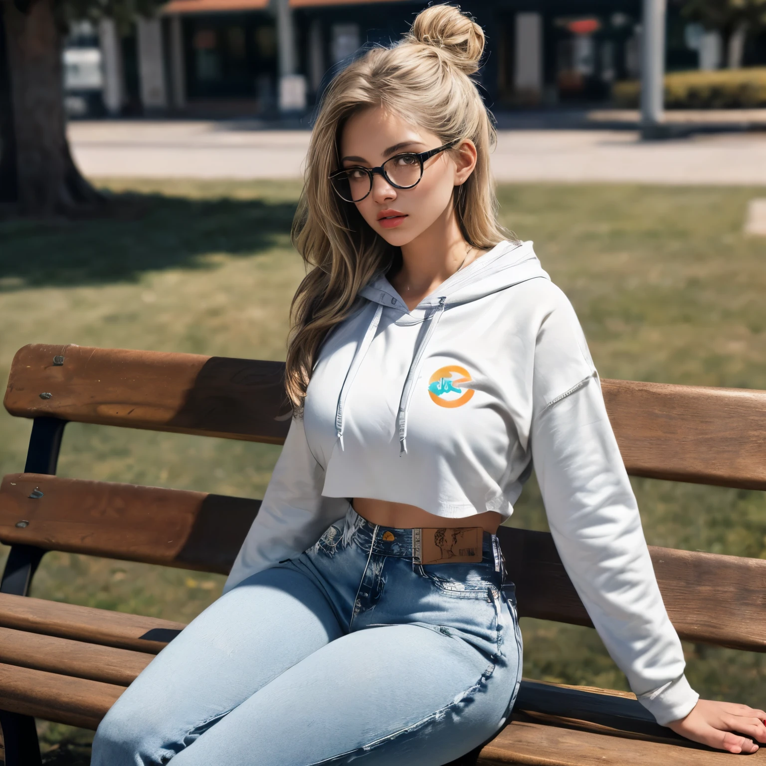 (masterpiece:1.2, best quality), (finely detailed beautiful eyes: 1.2), a girl with a blond bun, in (white hoodie), (blue jeans), (only 1 girl), age 20, white  round thick rimmed glasses, sitting on park bench, sitting next from viewer, ((large thighs)), ((Santa Cruz logo on hoodie)), (large breasts), sitting across from viewer, (single bun), ((large waist)), (long hair), ultra realistic, 8k ultra hd, ((big thighs)), (facing viewer)), (large thigh busting through rip in jeans), camera  angled up, looking down at subject, (((circle logo on chest))), (lips separated), (looking deeply into viewers eyes),