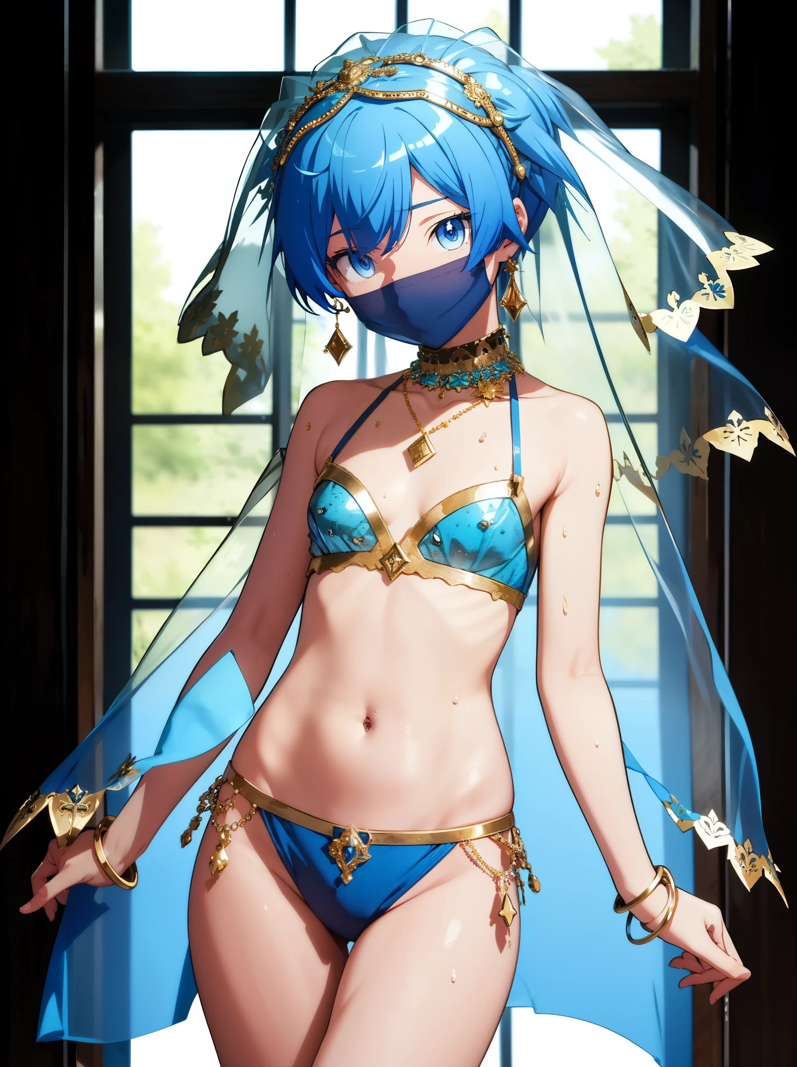 masterpiece, best quality, high quality, 1boy, solo, boy focus, looking at viewer, Shiota_nagisa, Blue hair, Blue eyes, Short twintails, Shy, Sweat, Green theme, Transparent veil covering the head, Transparent veil covering the mouth, Transparent veil covering the waist, Gold necklace, Gold earrings, Navel piercing, Gloves, Bra, Desert, Belly dancer, night day