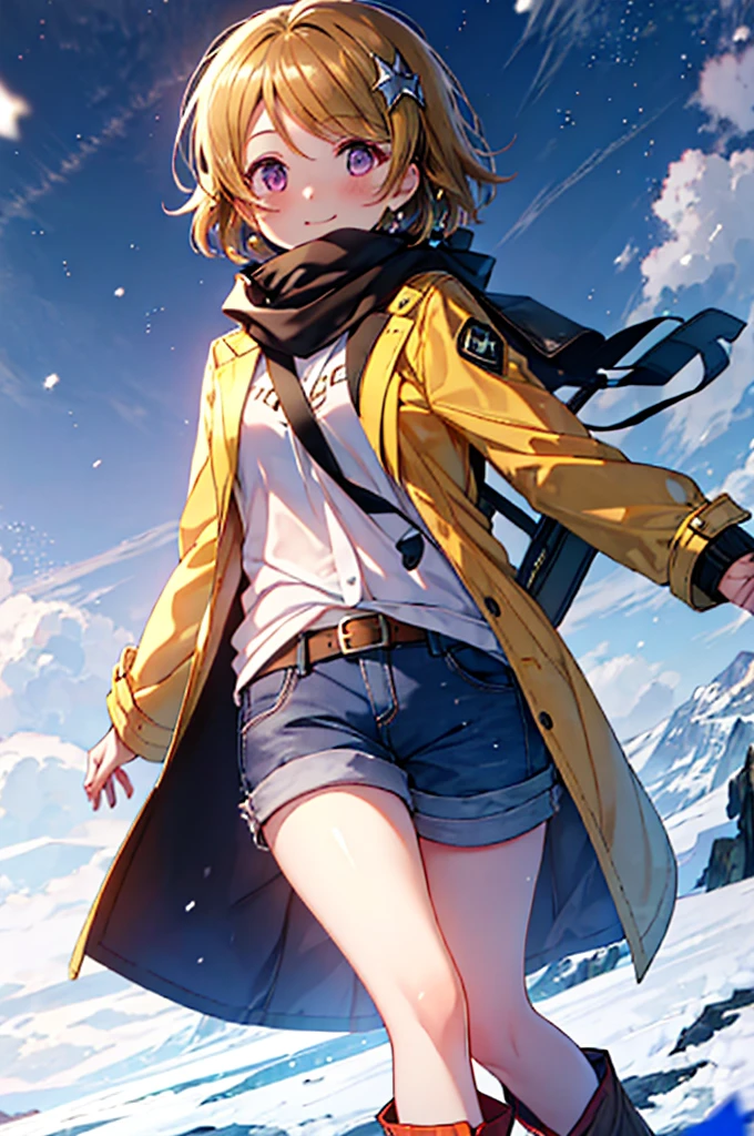 highest quality, masterpiece, High resolution, solo, {koizumi_hanayo_lovelive:1.15}, long hair,brown hair, Purple order, tying back hair,smile, blush, 1 girl, green long coat,Yellow sweater,Red muffler,shorts,yellow knee high socks,white short boots,In town,walking,close your mouth,It's snowing,Cold sky,white breath