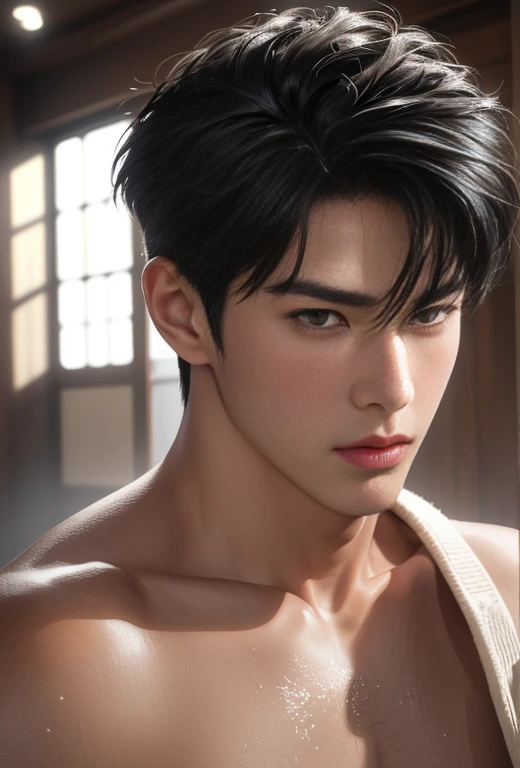 ((High quality)), ((masterpiece)), ((highly detailed)), perfect face, realistic, ((2 man)), ((Asian)), full body, young, 20 years old, black hair, comma hair cut style, ((handsome)), detailed eyes, beautiful detailed nose, realistic body, realistic light, comfortable expressions, cute guy, sweat guy, cool guy, young, muscular body, sexy, hot, shirtless, topples , nude, naked, kissing, hot kissing