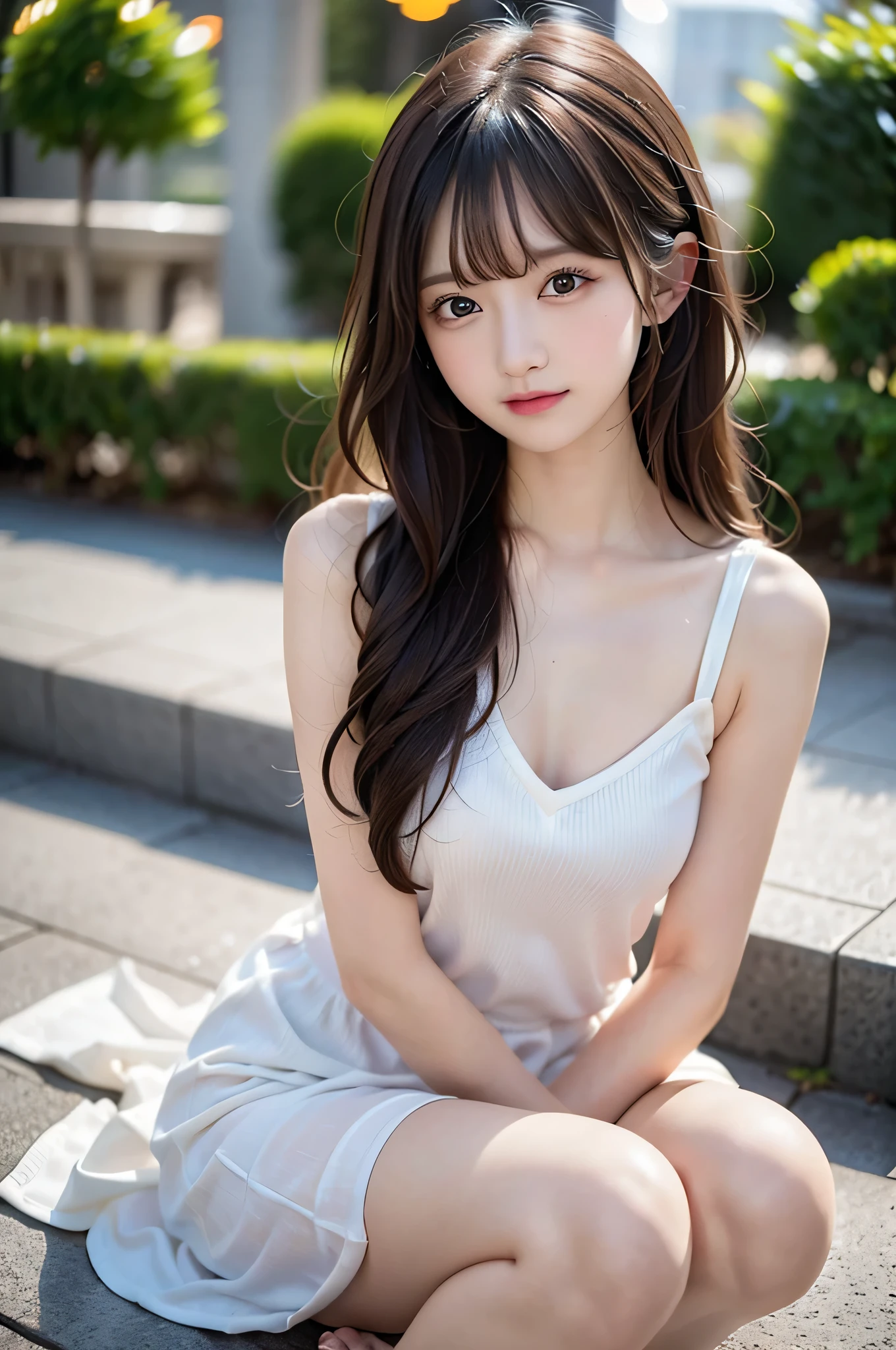 (best quality), (ultra-detailed), (llustration), (detailed light), (an extremely delicate and beautiful), 1young girl, brown hair, brown eyes, model, bare shoulders, best quality, extremely detailed CG unified 8k wallpaper, High-definition raw color photos, professional photograpy, (((Bokeh))), depth of fields, twilight, sunset,