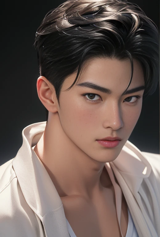 ((High quality)), ((masterpiece)), ((highly detailed)), perfect face, realistic, ((man)), ((Asian)), young, black hair, comma hair cut style, ((handsome)), detailed eyes, beautiful detailed nose, realistic body, realistic light, comfortable expressions, cute guy, sweat guy, cool guy, ((athletic body)), sleevless