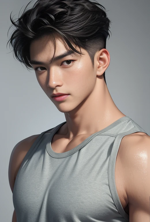 ((High quality)), ((masterpiece)), ((highly detailed)), perfect face, realistic, ((man)), ((Asian)), young, black hair, comma hair cut style, ((handsome)), detailed eyes, beautiful detailed nose, realistic body, realistic light, comfortable expressions, cute guy, sweat guy, cool guy, ((athletic body)), sleevless