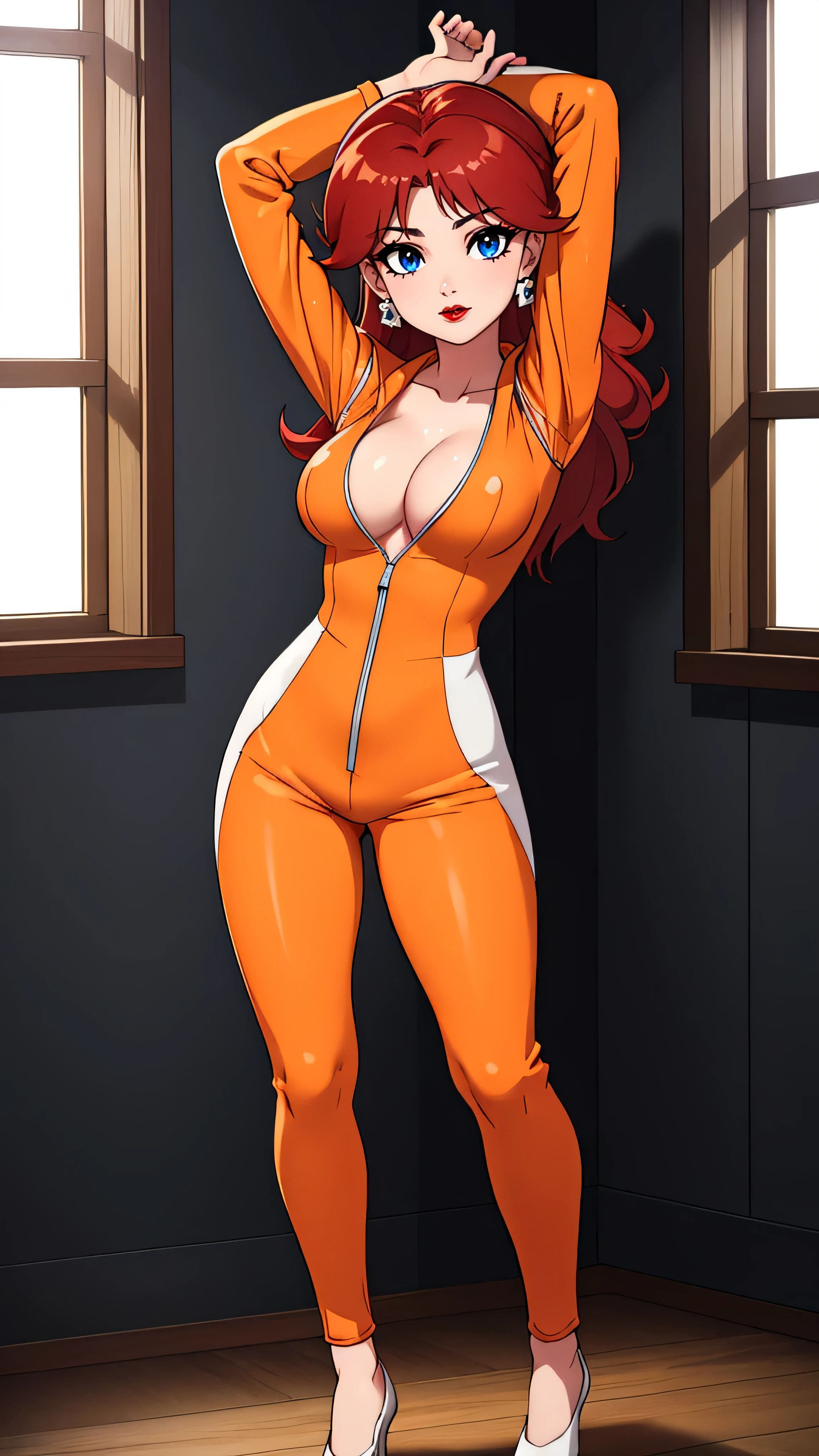 ((high detailed, best quality, 4k, masterpiece, hd:1.3)), ((best quality)), (((HD))), (((8k))), (ultraDH), (ultra HD), Shower_room_background, shower room, Soothing Shower, sunlight through the window, window, wooden room, Princess Daisy, BREAK neon blue eyes, seductive, attractive, sexy smile, smiling, smooth anime cg art, 36C_breasts, cleavage, 36C cleavage, long legs, vivid colors, detailed digital art, slim body, perfect skin, dark red hair, long red hair, dark hair, red hair, long_dark_red_hair_over_breasts, dark_red_hair_over_breast, wet hair, wet red hair, wet_dark_red_hair, wet_dark_red_hair_over_breast, BREAK crown, looking at viewer, BREAK looking at viewer, extremely detailed face, (orange and white jumpsuit), (Jumpsuit:1.5), (orange and white racing suit), (racing suit:1.5), (orange high heels), no bra, no underwear, full body, earrings, gem, dark gothic eyeshadows, dark eyeshadows, black eyeshadows, black_sexy_lips, black lips, dark lips, gothic painted lips, dark_black_lips, very dark lips, black_painted_lips, (very thin lips), thin lips, detailed lips, (dark:1.2), (perfect hands, perfect anatomy), black makeup, detailed fingers, five fingers per hand, 5 fingers, (1 girl), (solo:1.3), (breast focus), (breasts out:1.3), (arms rised:1.3), (arms up:1.3),