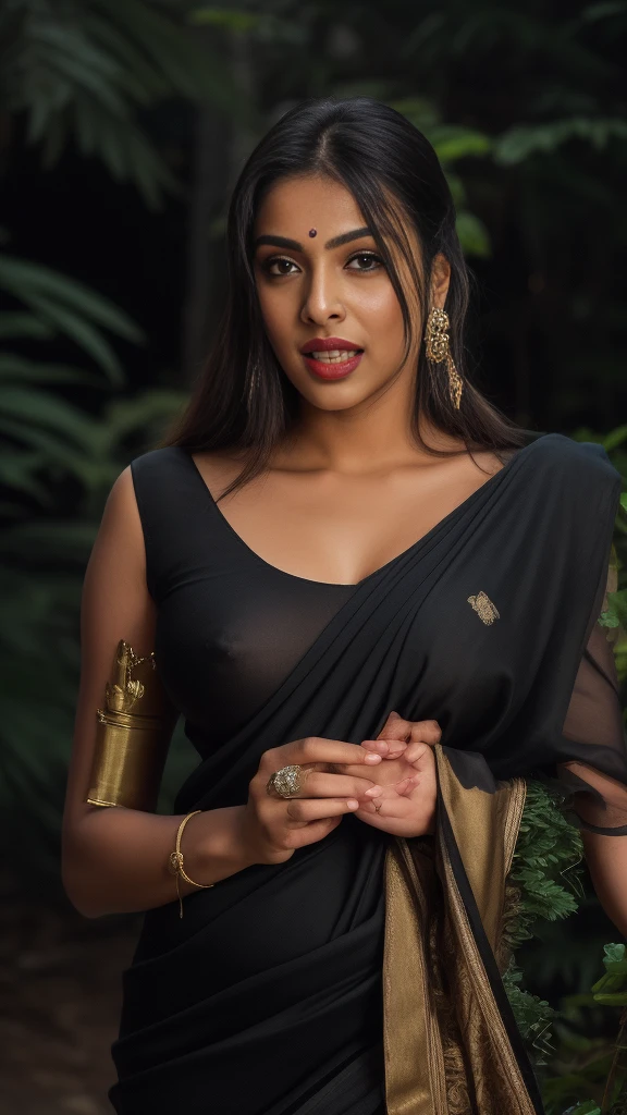 day scene, extreme close up photo of seductive indian model from top view wearing semi black sari and top with big breast, big cheeks, red Hollywood lips, squatting near shrub in a garden, hourglass figure, armpits, (blue eyes:1), ponytail, necklace, 30 yo, look at viewer and smile,forest background (cinematic:1.3), intricate details, (ArtStation:1.2)