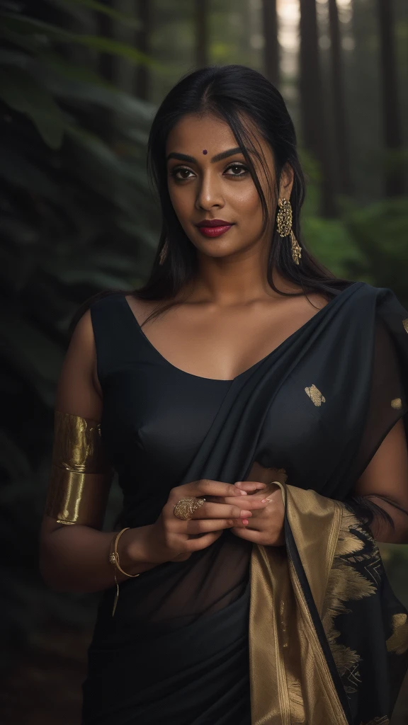 day scene, extreme close up photo of seductive indian model from top view wearing semi black sari and top with big breast, big cheeks, red Hollywood lips, squatting near shrub in a garden, hourglass figure, armpits, (blue eyes:1), ponytail, necklace, 30 yo, look at viewer and smile,forest background (cinematic:1.3), intricate details, (ArtStation:1.2)