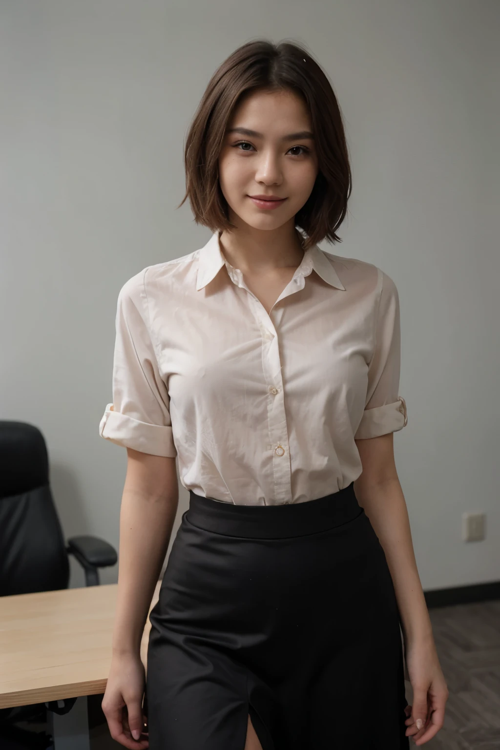 top-quality、masterpiece、超A high resolution、(realisitic:1.4)、Beautuful Women1、Beautiful detail eyes and skin、smile、Light brown short-cut hair, She is Wearing a long shirt posing for a photo, gorgeous chinese model, photo of slim girl model, IG-Modell, beautiful female model, on the office, long black shirt, long skirt