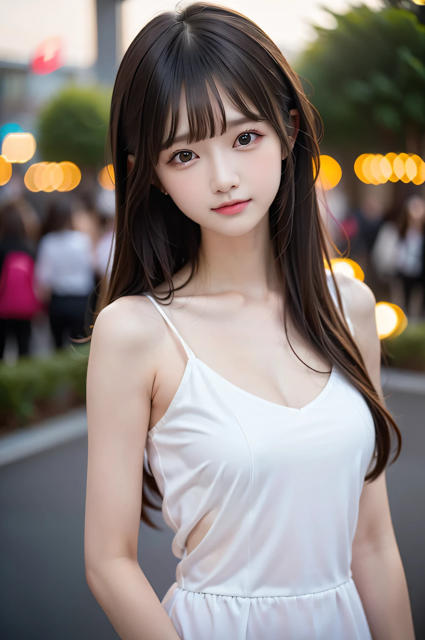 (best quality), (ultra-detailed), (llustration), (detailed light), (an extremely delicate and beautiful), ung girl, brown hair, brown eyes, model, bare shoulders, best quality, extremely detailed CG unified 8k wallpaper, High-definition raw color photos, professional photograpy, (((Bokeh))), depth of fields, twilight, sunset,