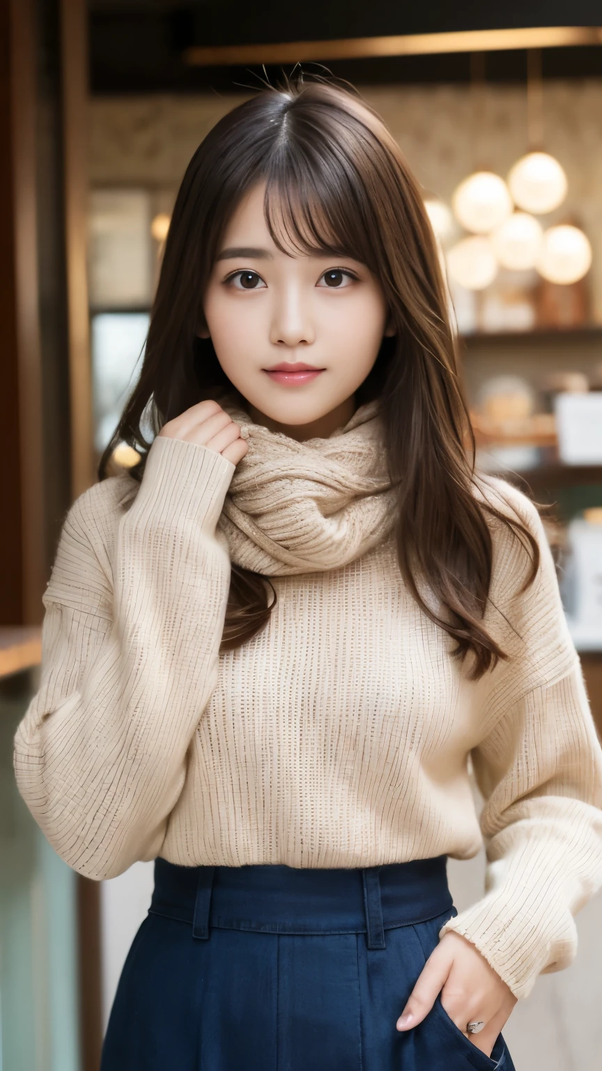 N.F.S.W.、highest quality、disorganized、super detailed、finely、High resolution、8k wallpaper、perfect dynamic composition、beautiful and fine eyes、Gorgeous knit Korean winter clothes、skirt、(skirtをたくし上げる)、(Show lace panties)、medium hair、bangs、big breasts、Scarf、natural color lip、bold sexy pose、smile、Cafe、Japanese、15 year old girl、cute、sexy shot looking at camera、Always blur the background、perfect and beautiful face,Take only the face、beautiful and detailed face、slim face and style