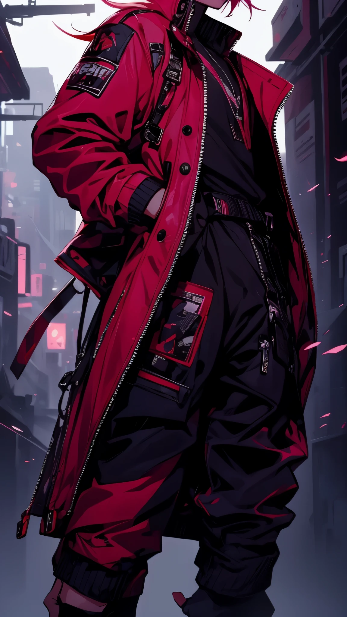 a Handsome boy ,full body,standing ,pink hair,(disconnected undercut 1.2),red eyes ,red jacket,cyber punk, no back ground