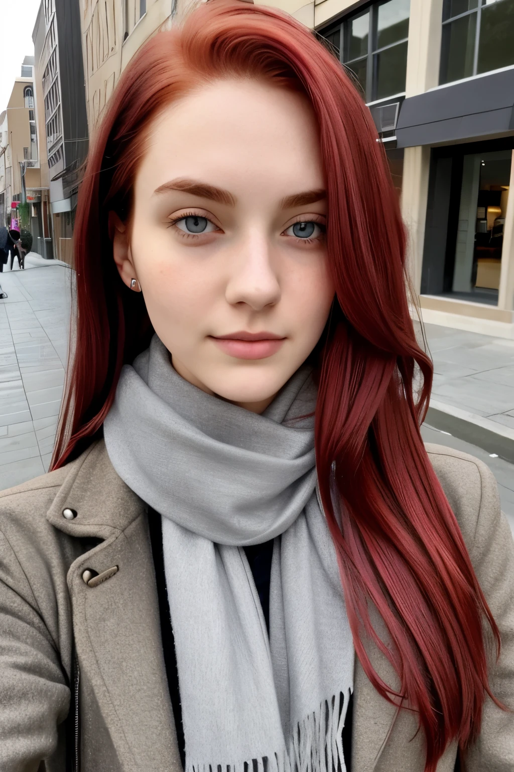 1girl in, age24, Solo, red hair, shoulder length hair, gray eyes, light grey eyes, pale skin, fitness body, medium breast (textured skin, skin pores:1.1), goosebumps, taking a selfie while walking downtown, wearing a jacket and scarf