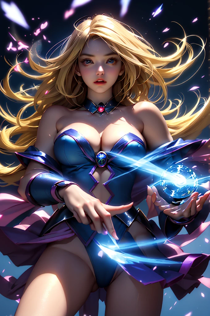 (masterpiece:1.2), (highest quality:1.2), perfect lighting, dark magician girl (cast a spell: 1.3), She's 20 years old and floating in the air.: 1.3), Visible medium breasts, Transparent neckline, challenge. poker face,laughter. From above, blinking, (Hands with magical effects: 1.4 )magic in your hands, apocalypse background、blonde、Magic at your fingertips