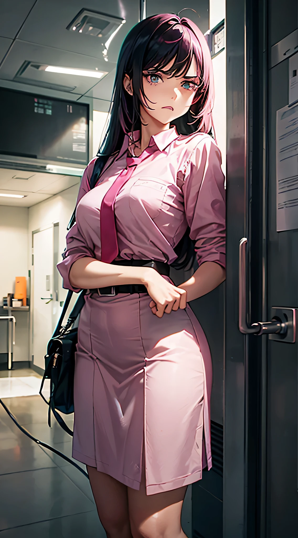Woman crosses hips angrily,Bend over to face the camera,Pointing one hand at the camera and cursing,The background is the hospital wall,((The pink elements in the image remain unchanged,1.5))