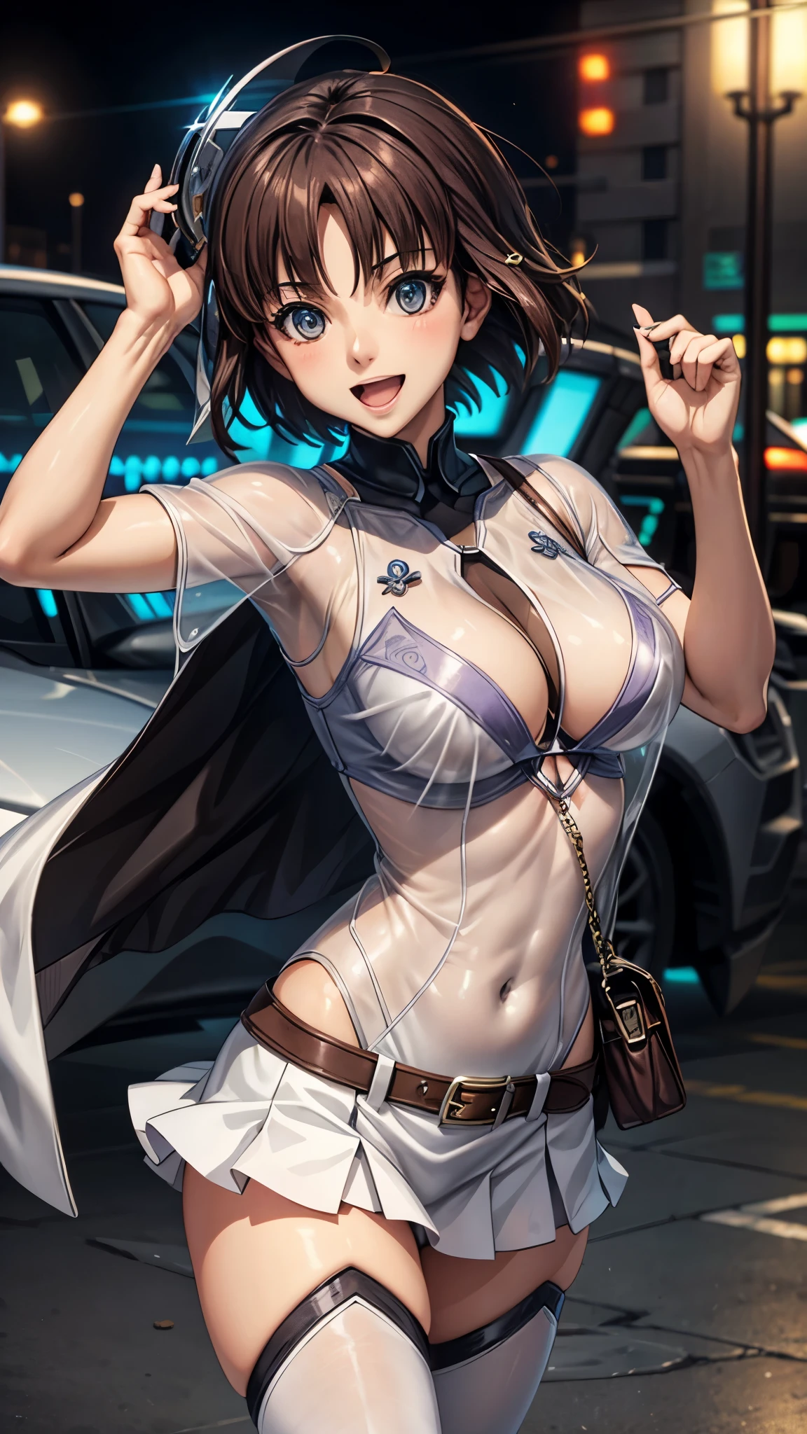 woman,20-year-old,,city,night,white tight miniskirt bodysuit,(Harada Makoto),open mouth smile,(((See-through)))