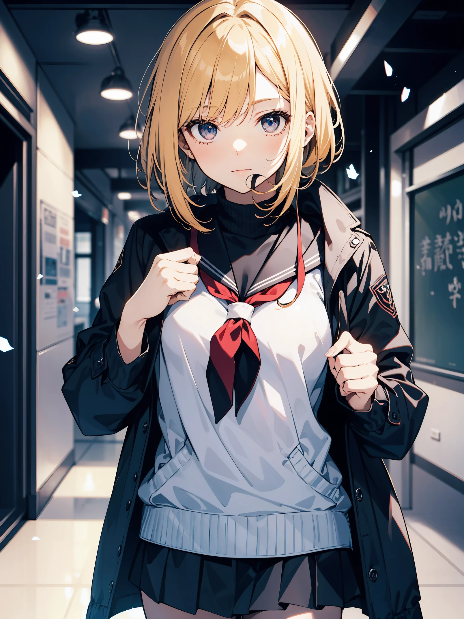 A high school girl in the style of Japanese anime illustration from 2020 with a detailed and realistic background that has depth and texture. The girl has blonde hair in a short one-length braided ponytail bob cut and wears a winter sailor uniform with a top design from the ranking. The theme is a classroom and the image is a portrait with contrast. The language in the image is Japanese and the romanization is English. The girl\'s eyes are realistic, complex, and detailed, and her skin texture is very fine. The girl\'s posing is instructed by a world-famous master and the image has a sense of dynamism. The girl\'s figure is a cowboy shot. The image size is 1024 x 1536 pixels. The girl is waiting for someone in the classroom. The girl wears a coat and the background has a winter scenery, night, and white snow.