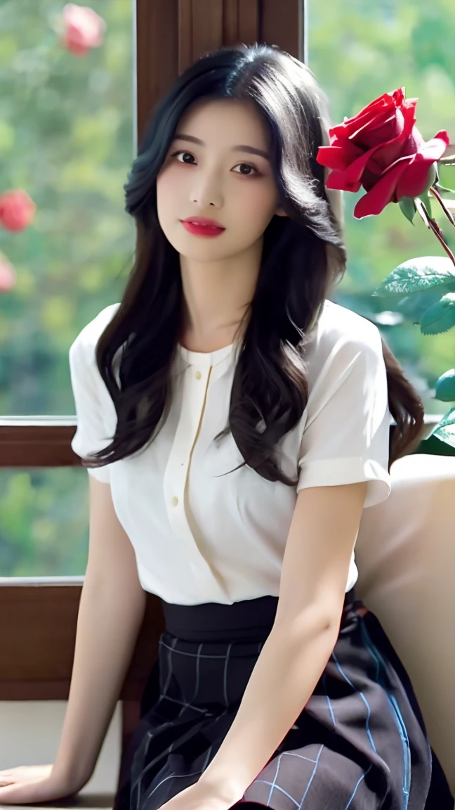 1girl,solo,long hair,looking at viewer,skirt,black hair,sitting,flower,parted lips,blurry,lips,window,rose,bug,butterfly,realistic