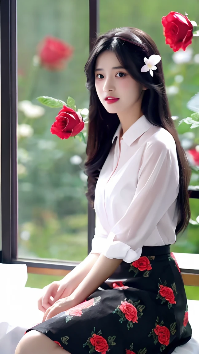 1girl,solo,long hair,looking at viewer,skirt,black hair,sitting,flower,parted lips,blurry,lips,window,rose,bug,butterfly,realistic