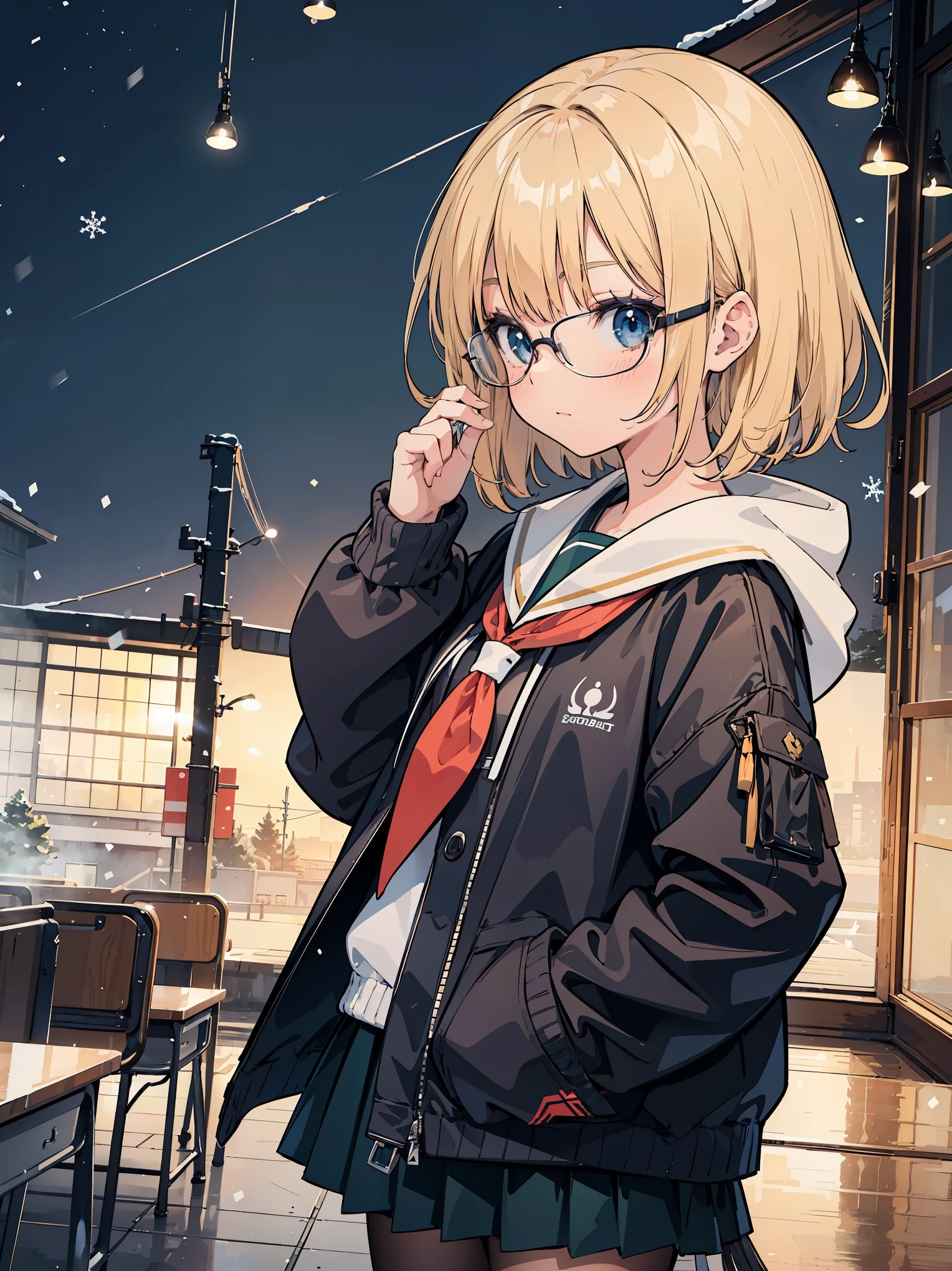 A high school girl in the style of Japanese anime illustration from 2020 with a detailed and realistic background that has depth and texture. The girl has blonde hair in a short one-length braided ponytail bob cut and wears a winter sailor uniform with a top design from the ranking. The theme is a classroom and the image is a portrait with contrast. The language in the image is Japanese and the romanization is English. The girl\'s eyes are realistic, complex, and detailed, and her skin texture is very fine. The girl\'s posing is instructed by a world-famous master and the image has a sense of dynamism. The girl\'s figure is a cowboy shot. The image size is 1024 x 1536 pixels. The girl is waiting for someone in the classroom. The girl wears a coat and the background has a winter scenery, night, and white snow.