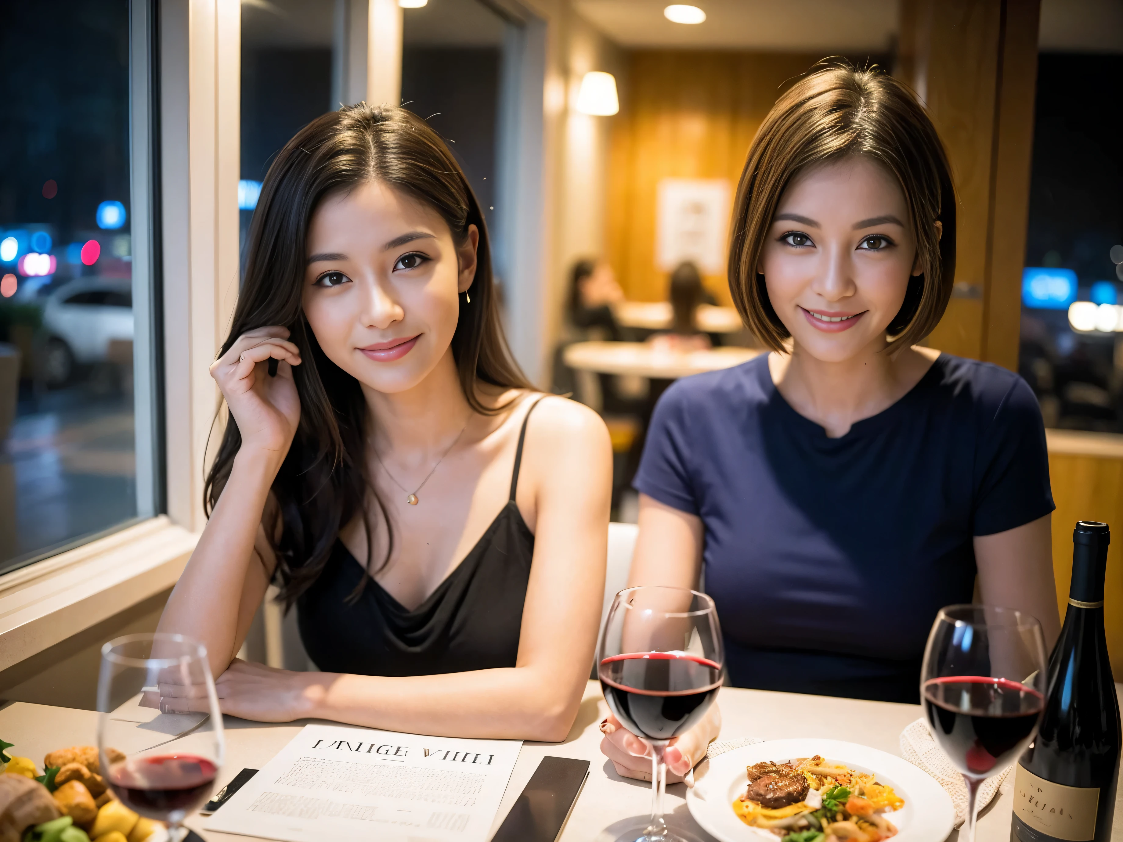 (including 64k, nffsw, highest quality, table top: 1.2), (realistic, realistic: 1.37), pretty woman 1, (slimフェイス), (slimボティ), (brown hair), (shortcut), Colombia、Brazilian、Japanese、Dutch、American、french、Spaniard、Italian、Indian、cheeks blush a little, (40 years old), 38 years old, alone, 窓の外には美しく緻密なnight景が広がります......., restaurant, wine glassに座って, nightに, in a prominent place (from the Upper body) nova frog style, actress, model, Upper body, White wine, slim, wine glass, とてもきれいなnight景, 真ん中に置かれたwine glass, smile, (smile: 1.15), beautiful and detailed eyes, Upper body, bust japan up, night, short, short, actress, model, Upper body, White wine, slim, wine glass, とてもきれいなnight景, 真ん中に置かれたwine glass, smile,