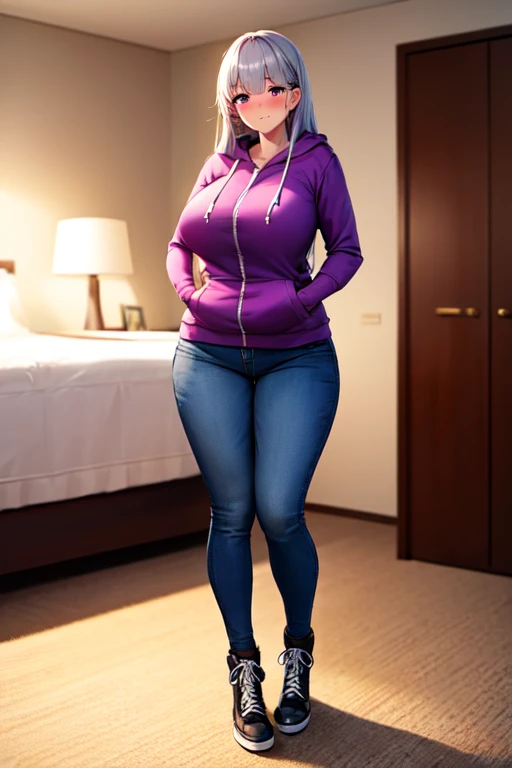 5 foot 5 inch Anime girl wearing a purple shirt under a red zip up hoodie, blue jeans, and black knee high lace up converse boots with round toes, Large breasts, thick thighs, cute, full body image, silver long hair, purple eyes, quality images, (high quality faces), bedroom, standing, blushing and embarrassed