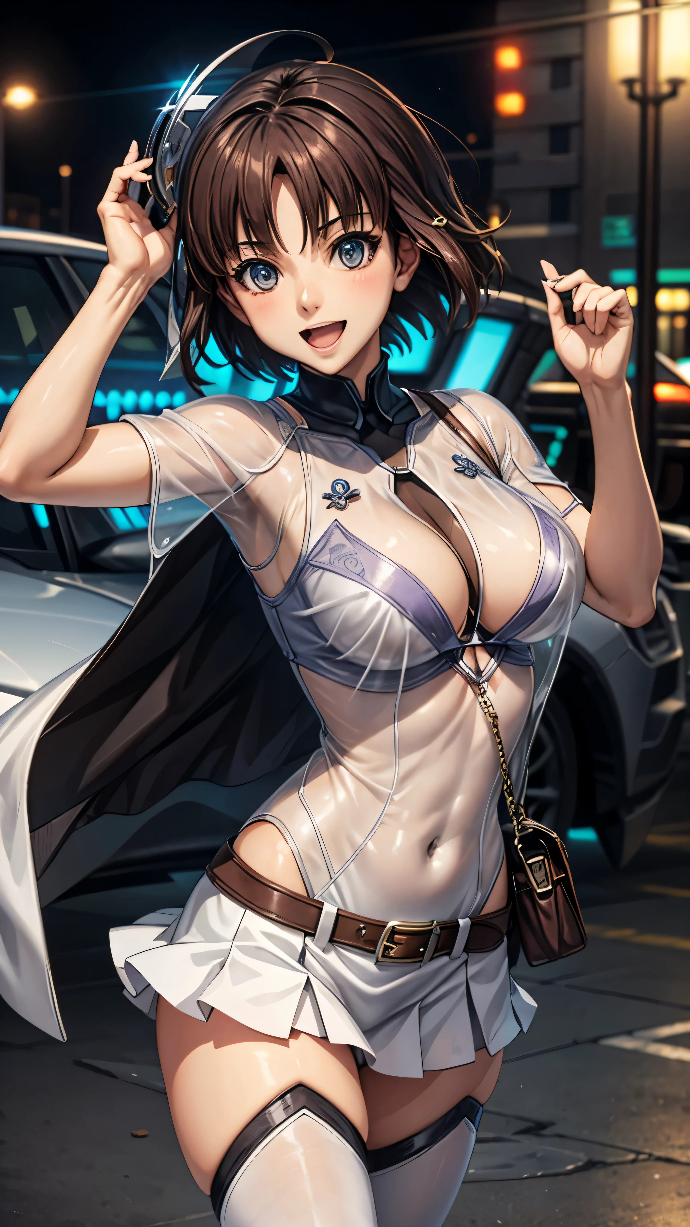 woman,20-year-old,,city,night,white tight miniskirt bodysuit,(Harada Makoto),open mouth smile,(((See-through)))