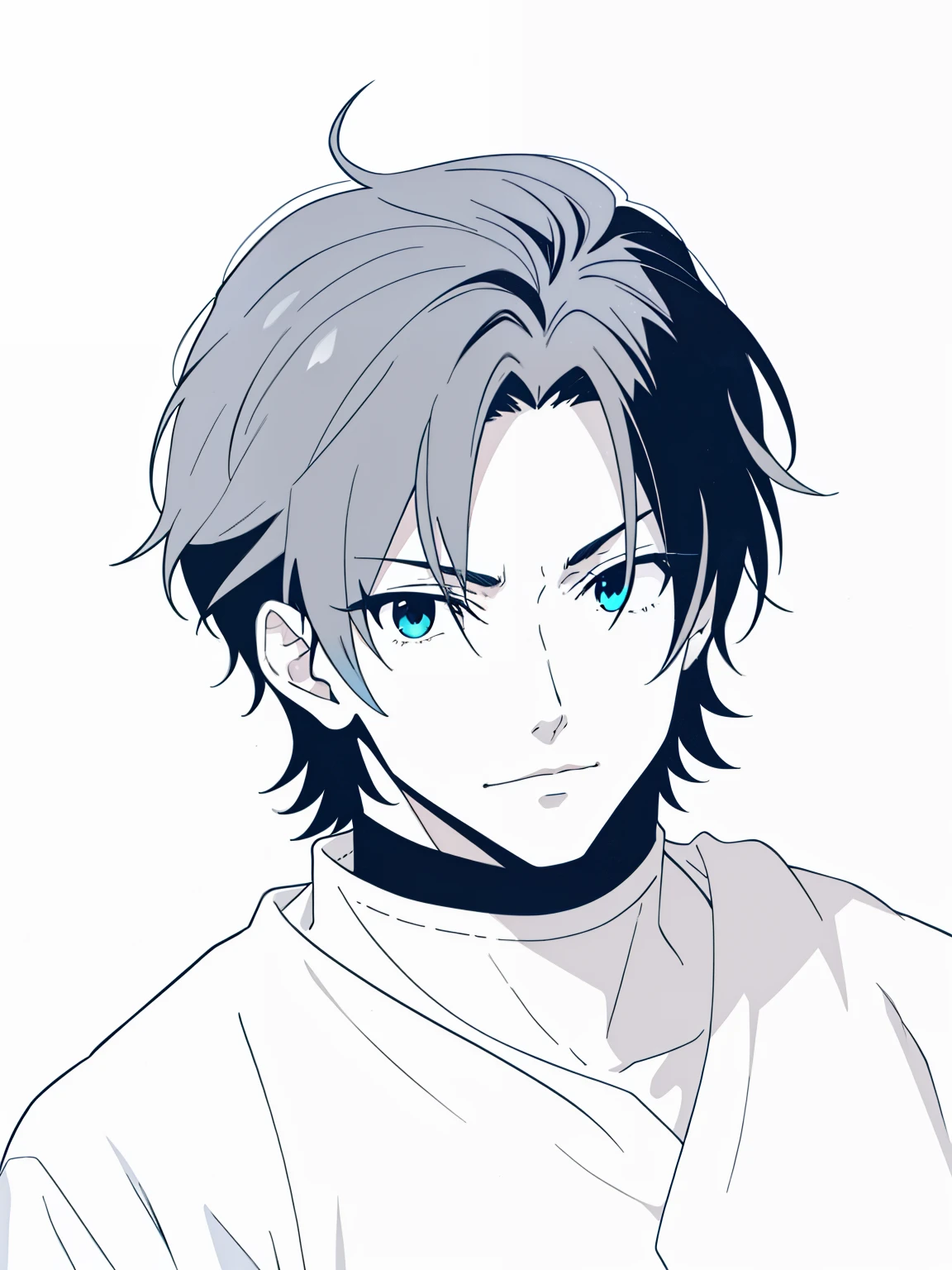 Mature anime guy with blue eye, solo leveling style, double colored hairs