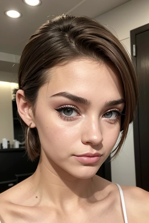 Belle fille, Marron_eyeeautiful mince adolescente de 18 ans, cheveux color [Brown highlights cheveux], [Pixie undercut] cheveux)), boucles d’oreilles, lèvres, Réaliste, taille étroite, charmant, pink lèvrestick, maquillage coloré, Cils longs, boucles d’oreilles, porter de l’eye-liner, peau claire, (mignon), (face détaillée), Yeux détaillés, Iris détaillé, corp magnifique, en maillot de bain noire
