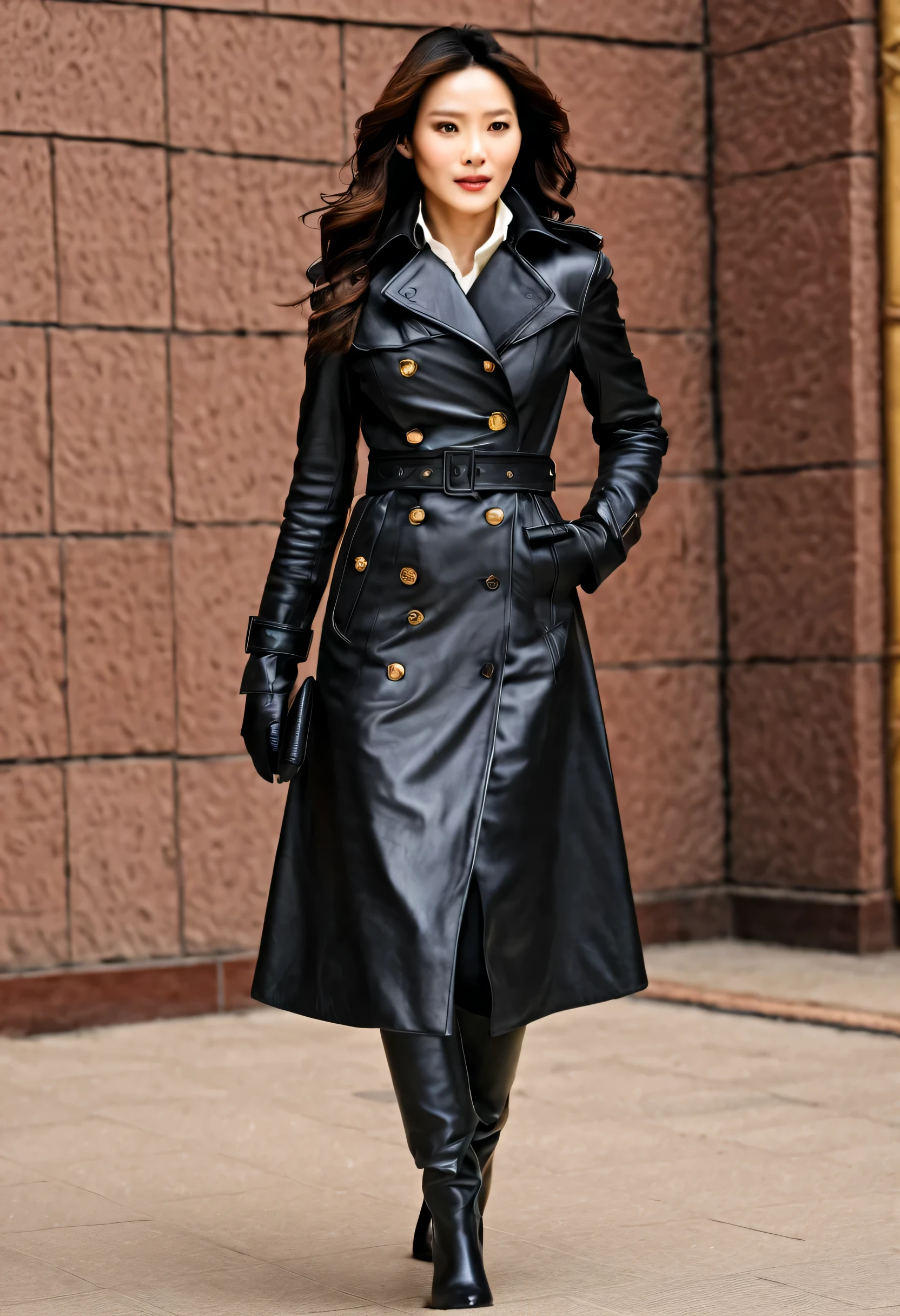 (( 16K High resolution, high quality 45 year old real black leather gloved and high quality black leather knee up black leather two masterpiece epaulettes, Long double trench coat with epaulettes wearing Chinese model actress, 45 year old Chinese model actress, wearing 16K High resolution, high quality black leather knee up black leather two masterpiece epaulettes, Long double trench coat with epaulettes:1.8, both arms 16K High resolution, 16K high quality two elbow long opera black leather gloves:2.2, with 16K high quality black real leather gloves elbows:1.5, 16K High resolution high quality black real leather gloves both hands:1.8, Underneath the 16K masterpiece black leather:1.8, Black leather sheepskin long pants:1.8 16 km race, High resolution, high quality, clean face 16k, expensive, 43 years old, 16K with 2 Chinese Model Actresses, High resolution, high quality, expensive, 45 years old, shows a photo of herself wearing knee-high boots.
