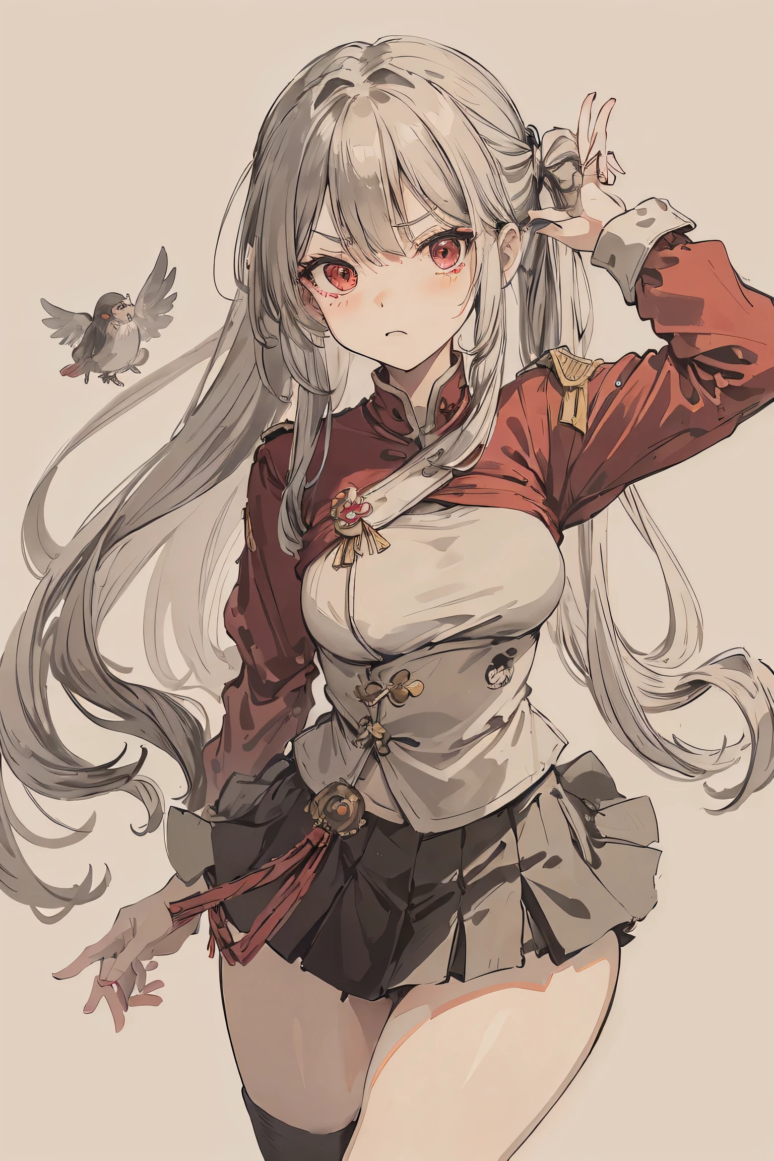 sparrow, a silver haired girl, wearing a military uniform, long hair, messy hair, red shirt, military uniform, slim body, medium breasts, she close her left eye, shirt ornament, lolippai, angry face, beautiful breasts, rounded breasts, red eyes, miniskirt, praying pose