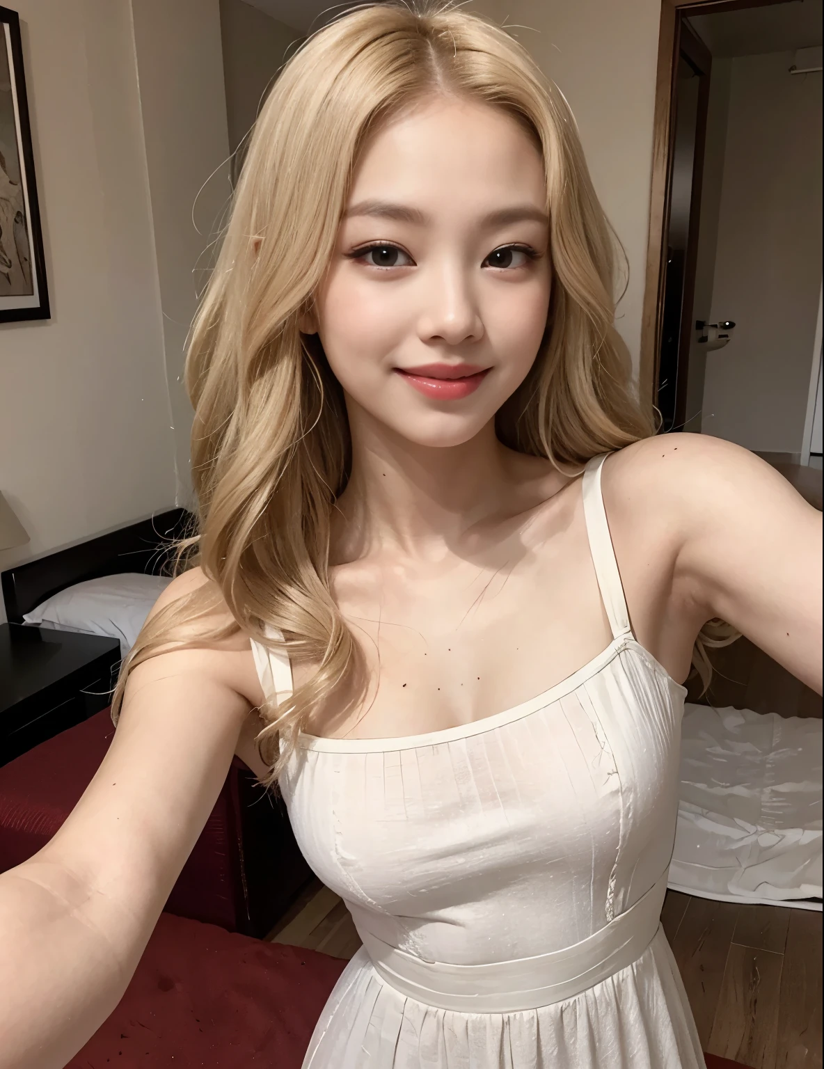 realistic girl with blonde hair, pretty woman, takes a selfie smiling, jennie kim, pretty lips, beautiful body,  white skin, selfie, pretty woman, jennie kim, jennie blackpink, casual dress, smile looking at the cell phone camera, beautiful hair, hair very curly, blonde hair curly on she, in you bedroom, It's night, little light, he's already going to sleep 