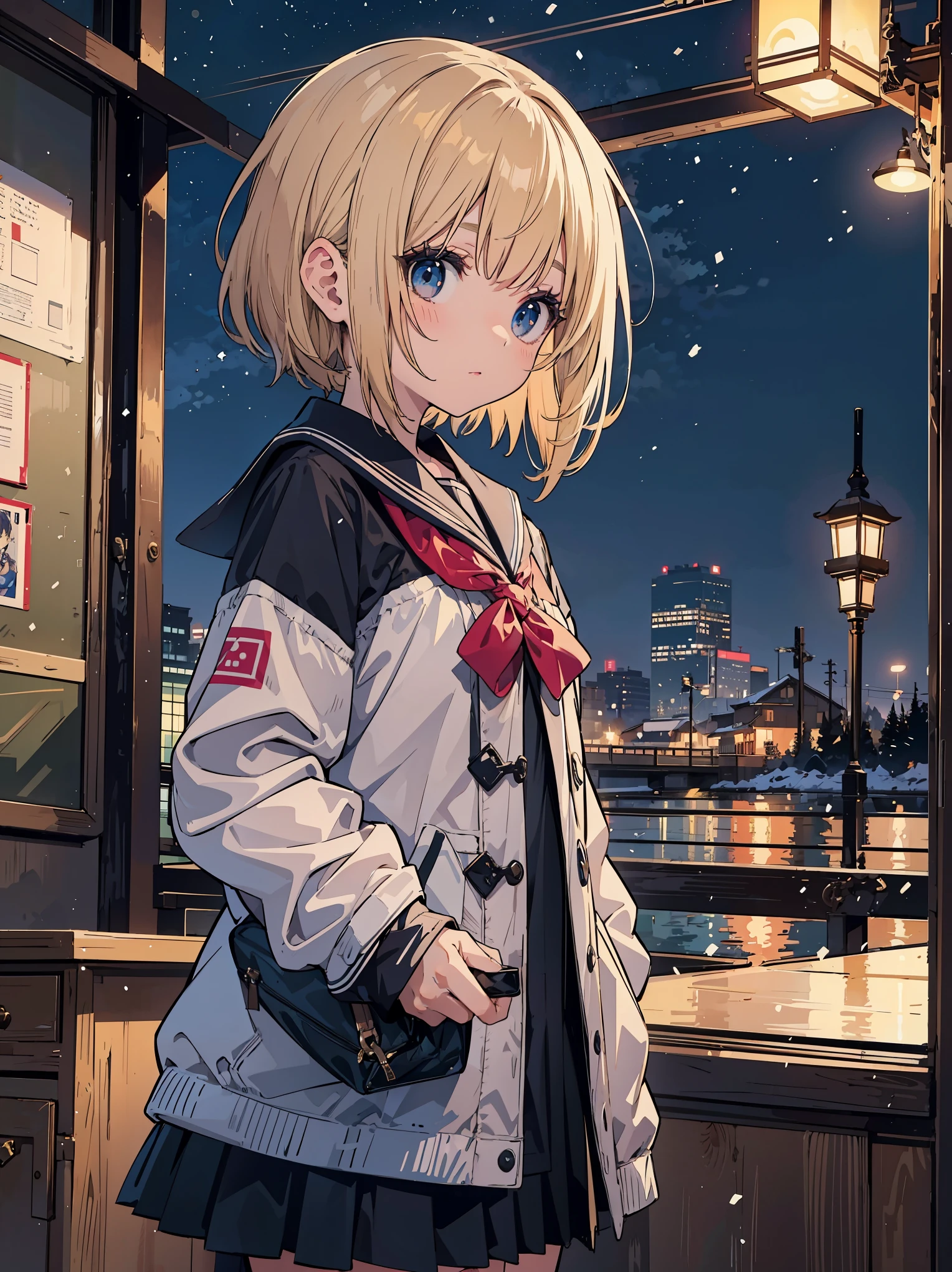 A high school girl in the style of Japanese anime illustration from 2020 with a detailed and realistic background that has depth and texture. The girl has blonde hair in a short one-length braided ponytail bob cut and wears a winter sailor uniform with a top design from the ranking. The theme is a classroom and the image is a portrait with contrast. The language in the image is Japanese and the romanization is English. The girl\'s eyes are realistic, complex, and detailed, and her skin texture is very fine. The girl\'s posing is instructed by a world-famous master and the image has a sense of dynamism. The girl\'s figure is a cowboy shot. The image size is 1024 x 1536 pixels. The girl is waiting for someone in the classroom. The girl wears a coat and the background has a winter scenery, night, and white snow.