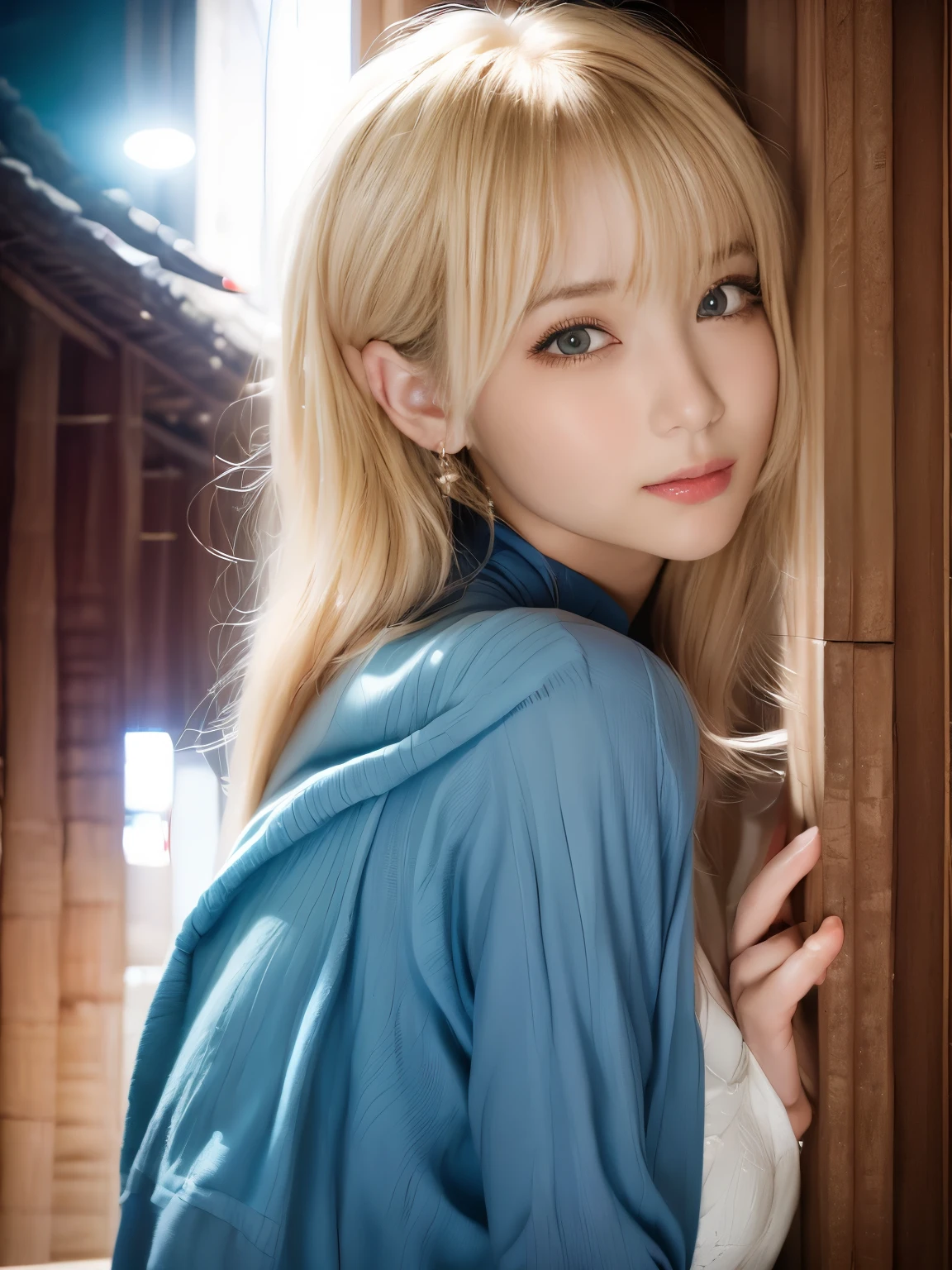 masterpiece、one beautiful girl、detailed eyes、bulging eyes、highest quality, 超High resolution, (reality: 1.4),、asian beauty、Korean、Super beautiful、Shining beautiful skin、slender、The body is facing forward、(Super realistic)、(High resolution)、(8K)、(very detailed)、(美しくdetailed eyes)、(Super detailed)、 (wall-)、detailed face、the lighting is bright、professional lighting、look at viewer、Facing straight ahead、(((private server)))、diagonal bangs、night scene、((blonde))、19 years old、tall,((I can see the whole upper body))、((all facing forward))、smile