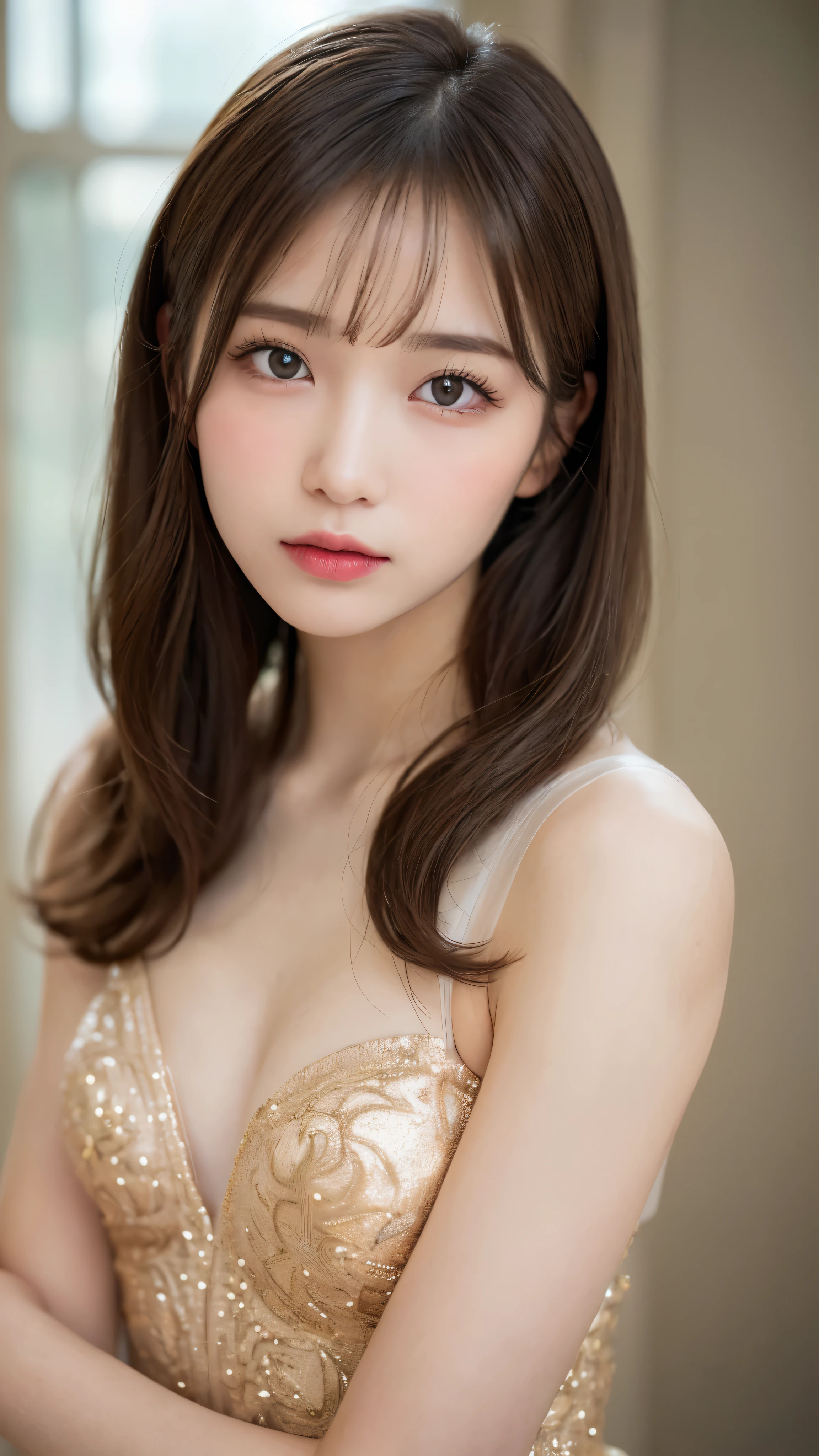 (masterpiece:1.5)、(realistic:1.5)、(highest quality:1.4、8K、RAW photo)、
ultra high resolution、professional lighting、perfect dynamic composition、indoors、
film grain、chromatic aberration、(Bokeh:1.1)、
Frank、Sophisticated、Charm、surreal、high detail、golden ratio、
(1 girl)、slender girl、繊細でCharm女の子、cute woman:1.4、
serious expression、looking at the viewer、
light brown hair、shining hair、Random cute hairstyles、
clear and beautiful skin、skin that looks real、
close your mouth、natural color lip、fine eyes、double eyelid、thin arms、
(Wearing ballet costumes)