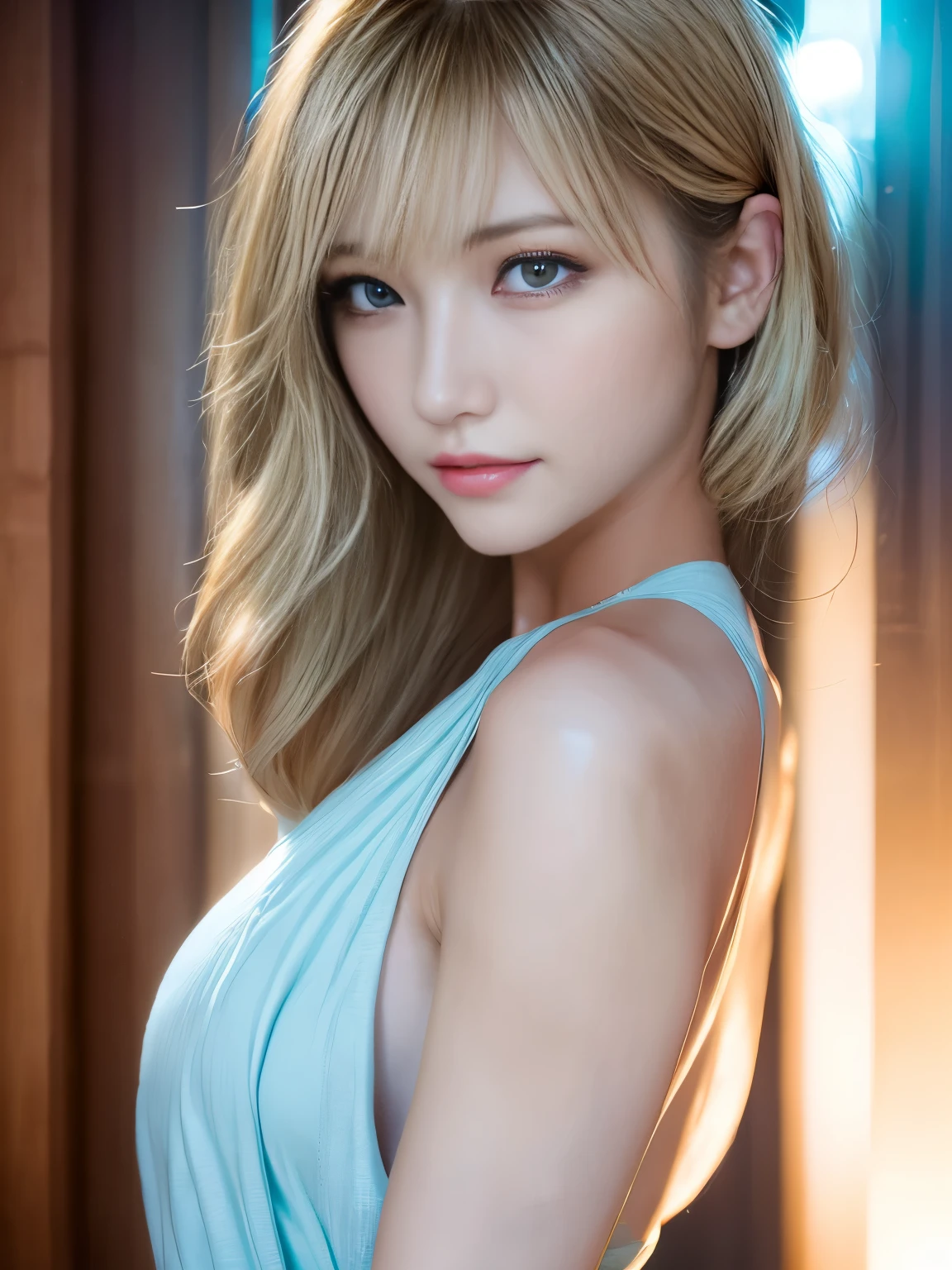 masterpiece、one beautiful girl、detailed eyes、bulging eyes、highest quality, 超High resolution, (reality: 1.4),、asian beauty、Korean、Super beautiful、Shining beautiful skin、slender、The body is facing forward、(Super realistic)、(High resolution)、(8K)、(very detailed)、(美しくdetailed eyes)、(Super detailed)、 (wall-)、detailed face、the lighting is bright、professional lighting、look at viewer、Facing straight ahead、(((private server)))、diagonal bangs、night scene、((blonde))、19 years old、tall,((I can see the whole upper body))、((all facing forward))、smile