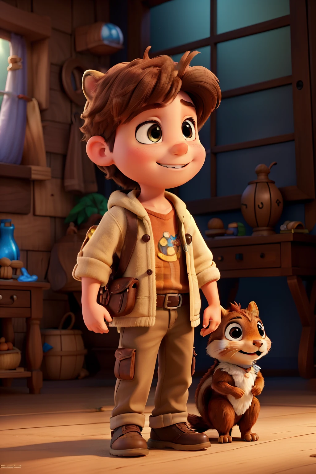 In an enchanting 8k, ultra-hd Disney Style Pixar scene, hyper-realistic boy Tommy and his beloved squirrel companion, Nutty, eagerly exchanged excited glances as they unlocked an ancient treasure chest using Cinema 4D technology. The treasure chest, adorned with intricate carvings, slowly creaked open, revealing a world of wonder that captivated their imaginations. Tommy, with messy brown hair and wide, shining eyes, clad in worn khakis, was filled with uncontainable joy at the discovery. Nutty, a plump squirrel with shimmering, chestnut fur and round eyes, clad in