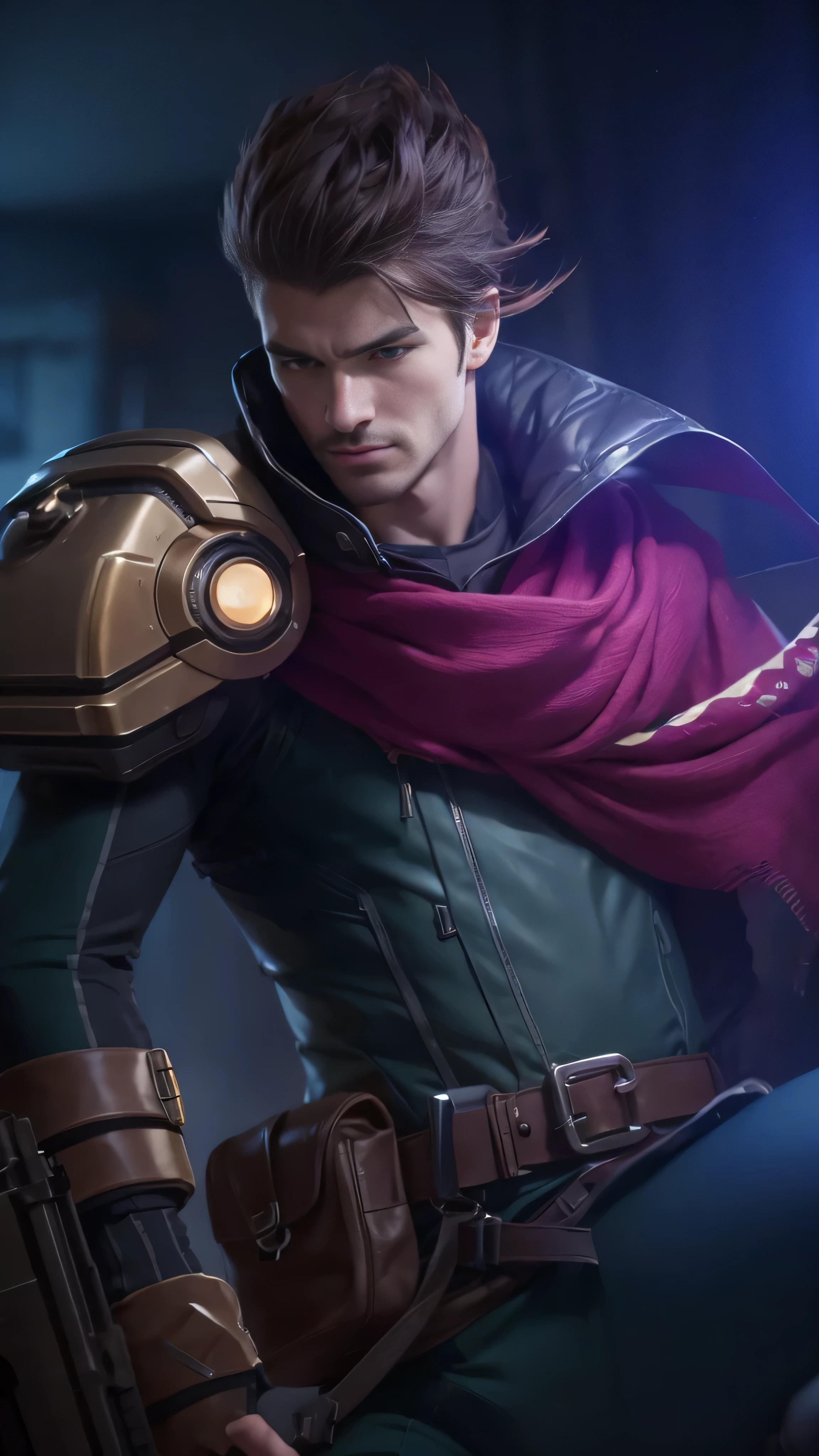 male focus, 8k, very detailed, close up of a person with a gun and a scarf