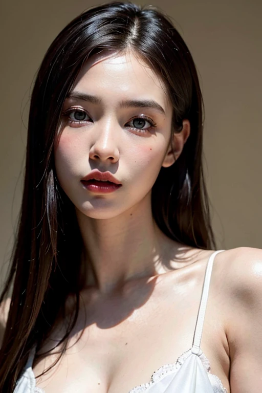 NSFW, best quality,masterpiece,extremely detailed,high res,4k,ultra high res,detailed shadow,ultra realistic,realistic,dramatic lighting,1girl,solo,detailed face,realistic eyes,realistic skin,white dress,purple hair,dynamic pose, whimsical details, slicked hair, full shot, toe, mesmerizing, shallow depth of field, contrapposto, professional model, face front, portrait,