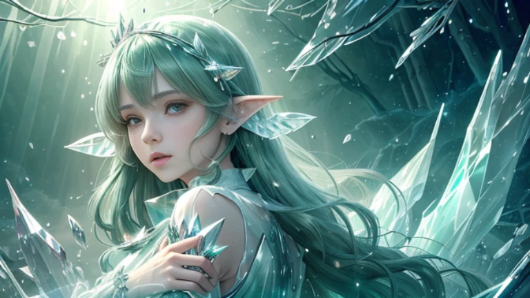 (masterpiece, top quality, the best, official art, Beautiful and beautiful, long term exposure: 1.2), smooth movement, charming pattern, 1 girl, (long dress with sleeves: 1.3), (((green clothes) )), Upper body close-up, bare shoulders, Chinese girl, blush, black lob hair, portrait, alone, Upper body, looking at the observer, Detailed background, Detailed face, (Crystal AI, crystal theme:1.1), Elemental Wood Elf, rotation leaf, control leaf, jade clothing, dynamic poses, floating particles, Ethereal power, leaf, steam, forest in the background, green tint, forest, ethereal atmosphere,