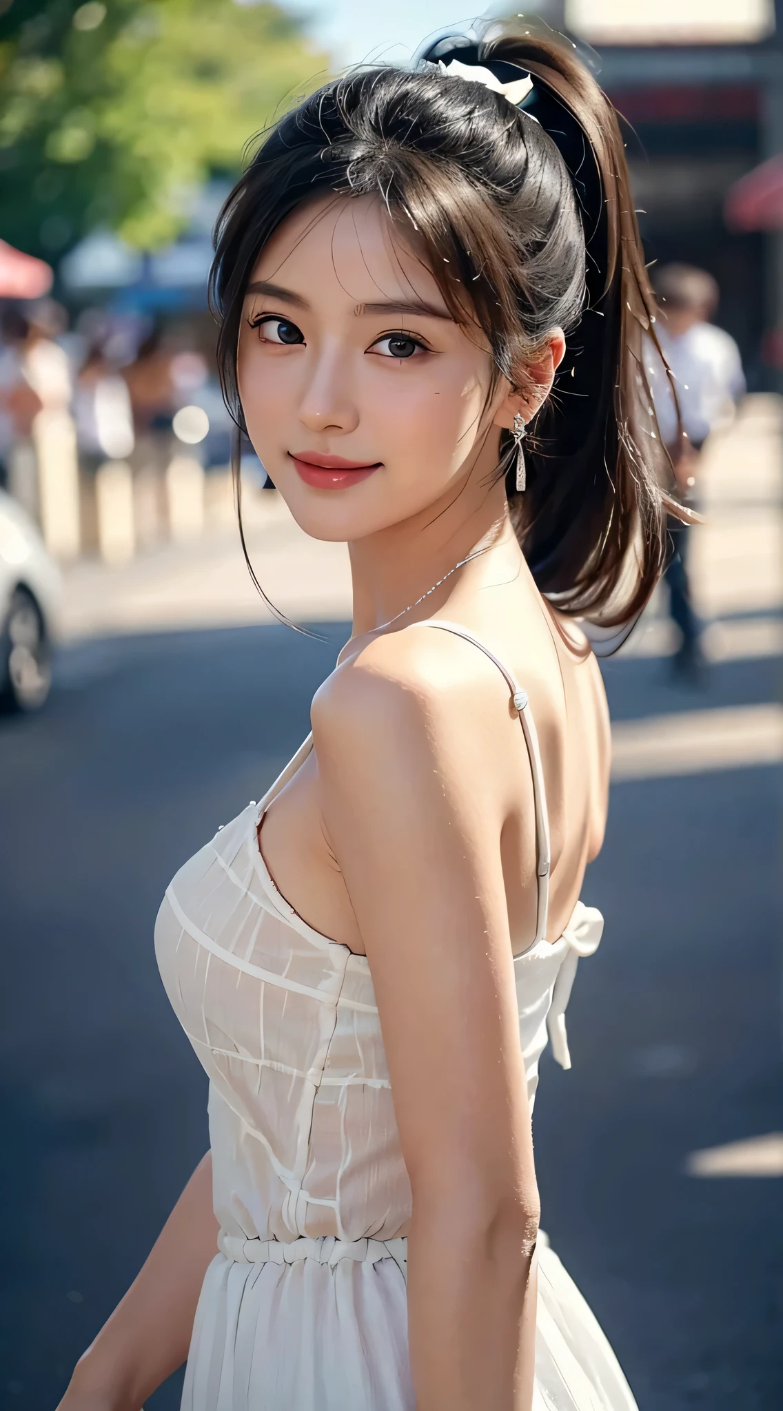 full body photo,table top, best image quality, high quality, background is clear,Beautiful woman, Japanese, be familiar with, be familiar with eyes, be familiar with skin, beautiful skin, 超High resolution, (reality: 1.4),very beautiful woman, A little young face, beautiful skin, thin, (ultra photorealisticim), (High resolution), (8K), (非常にbe familiar with) (beautiful detailed eyes), (超be familiar with), (be familiar with face), view viewer, small details, be familiar with face, smile, look straight ahead, look straight ahead, reality的な写真, bright lighting, professional lighting, black hair, ,ponytail,baby face,,髪型はponytail,wear a white ribbon,ロングのponytailの髪型,amusement park,night,Enjoying dating,Angle from the waist up,Stand and pose,wear earrings,Like a TV commercial