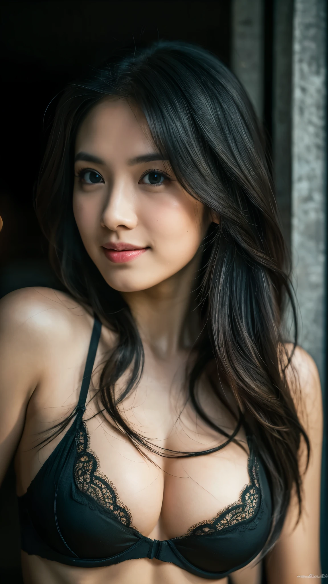 highest quality, epic realistic, ((in the pitch black darkness :1.4)), ((portrait:1.5)),(background: dark ) high contrast ,glorious picture, lowest lux, lighting face, she's comfortable, wearing white lingerie, looks incredible, (8k, Raw photo, Highest quality),(epic realistic:1.5), a woman, face,(detailed eyes:0.8),(looking at the camera:1.4), (Highest quality), ( high contrast, deep shadows),Intricate details,cinematic,((skin:1.4)), (long dark hair:1.3), long hair, messy ,(Hdr:1.5),Detailed, colors, Superior quality, Masterpiece, Raw Photo (20-year-old, looking at viewer), beautiful, (wearing underwear,), perfect, natural, perfect composition, portrait, perfect face, smiling expression, Captivating eyes, Bright details, Tight lips, (High Skin Detail),, (blue tint: 0.6), (sale: 0.8), (bloody: 0.7), Key lighting , (backlight: 0.5), Medium depth of field, Canon 5d, 50mm lens, f/4 apertures, (Ultra-detailed, Complex detail), sharp focus, soft colors, 8k, Absurd, 80mm, dark background, photography, smiling, pinay, filipina, medium boobs,