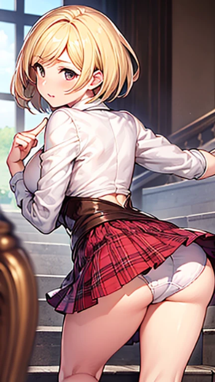 one girl,full body figure,big boobs,big boobs,Perfect five-finger、mini skirt、I can see white panties、whitepanty、shy face、Voluptuous legs、perfect thing、highest quality、big breasts、blonde、detailed description、small details、detailed face、djeeta、granblue fantasy、white skin、look back、turn around、Pose that emphasizes the buttocks、back view、going up stairs、erotic pose、school uniform、Blue plaid skirt