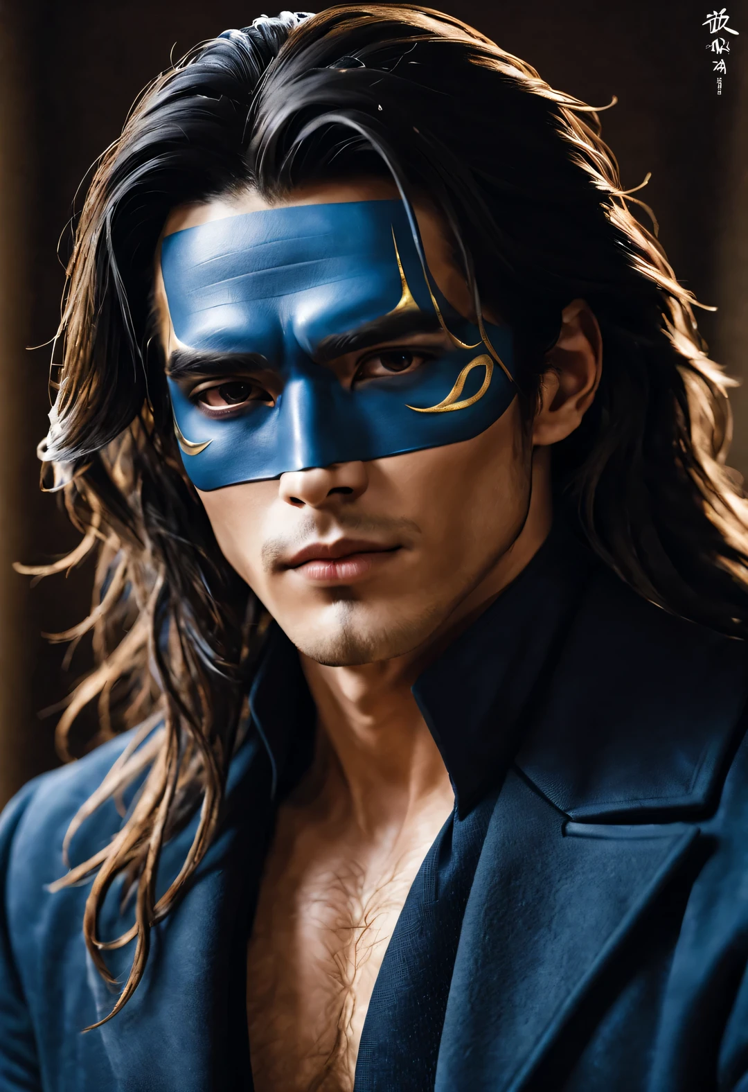 (male character design), Half body photo, Staring at the camera,
(Chinese handsome guy, King Lanling, high and arched), (messy, very long hair), (Wearing a navy blue woolen coat), Fair and delicate skin, looks like a virgin, Lips as red as vermilion, high nose bridge, deep eyes, There is an extraordinary heroic spirit between his eyebrows. He has a slender figure, Has beautiful muscle lines, like a perfect sculpture. His fingers are long and strong (Half of his face is covered with an ornate blue and gold mask), His character is brave and beautiful, like a woman, Be brave and decisive. There is an indescribable tenderness and warmth deep in his heart, loyalty (Inspired by actor Marlon Brando), Surrealism, HD, high quality, HD analysis, 16k,