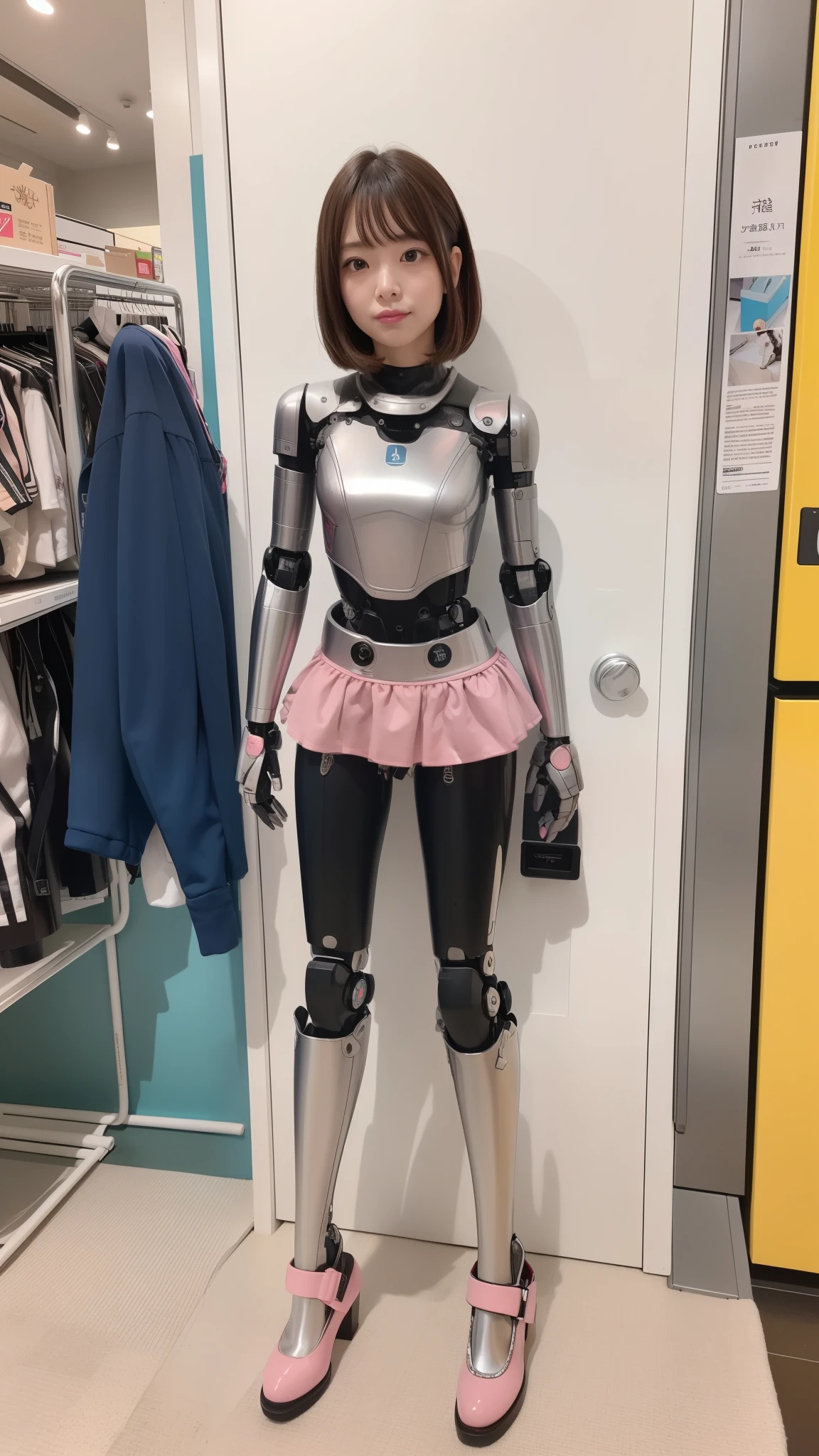 Robot Girl, pink there, Silver, Metallic body, Robot Parts, Metal Parts, Super Detailed Face, Super well-formed face, of the highest quality, a small face, small head, Brown hair, Slender body, Camera gaze, Internal Mechanical Exposure, Idol, front facing, Well-proportioned body, sale, Exhibited, Event Hall, Moe Pose, pink metallic Lolita dress machine armor, Standing with legs open, Model body type, sad, Embarrassing,(Perfect Robot Girl),(Perfect machine body)