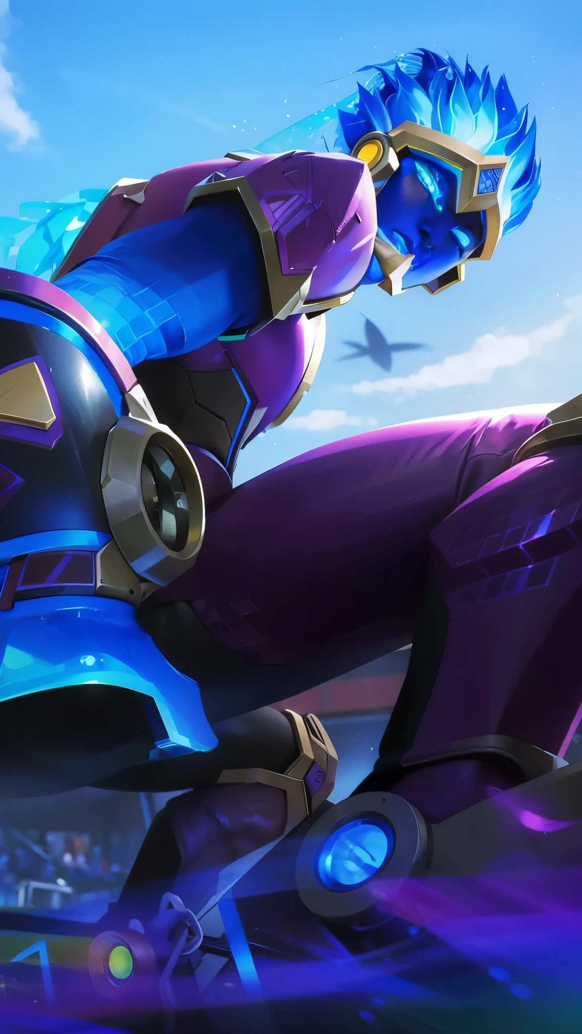 dark skin man, purple eyes, yellow hair, mecha outfit, abs