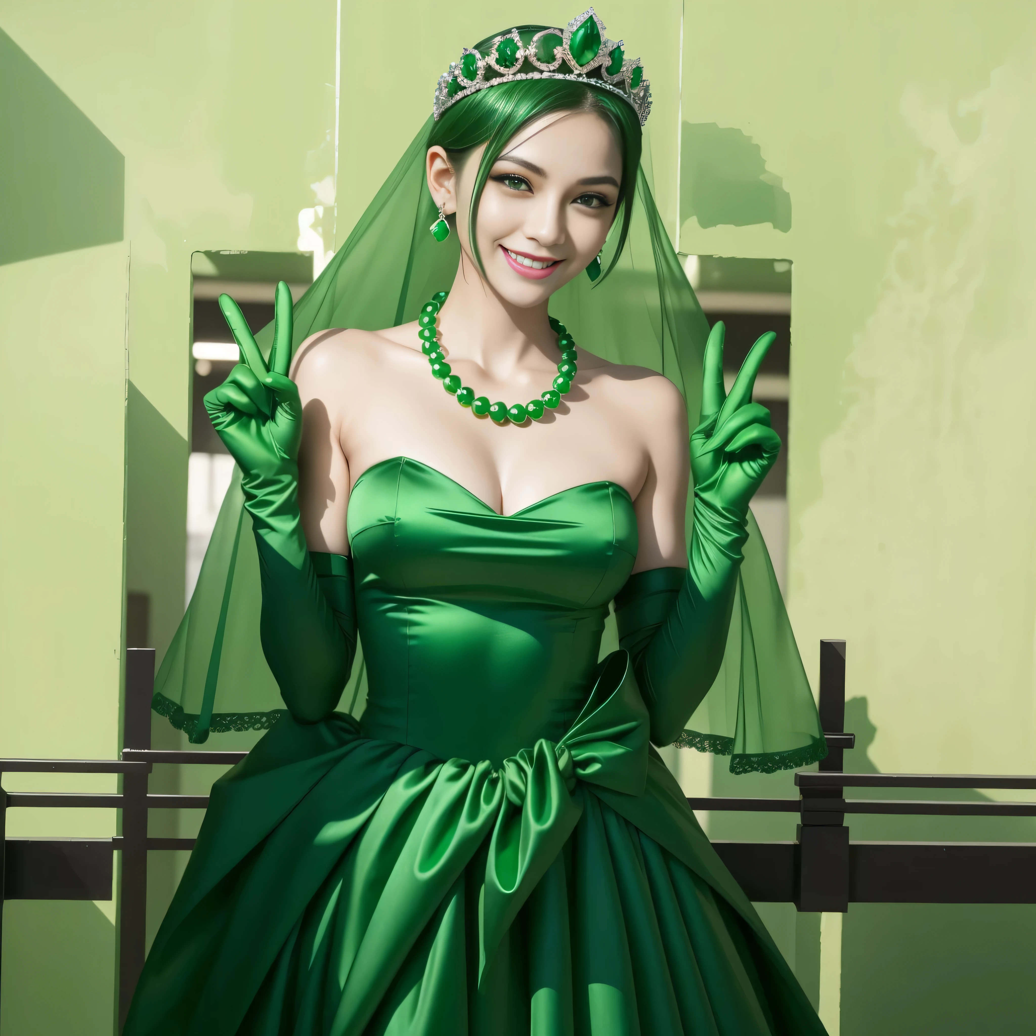 emerald tiara, green pearl necklace, boyish very short green hair, lipstick, smiling Japanese woman, very short hair, big breasts beautiful, green eyes, Long green satin gloves, green eyes, V sign, emerald earrings, green veil
